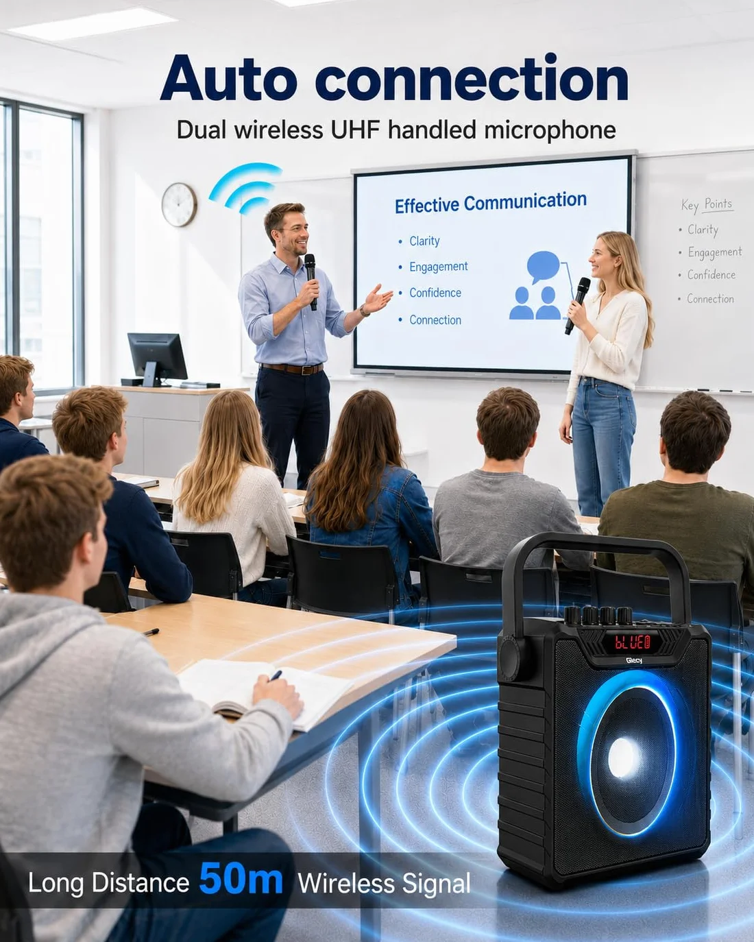 Amplificateur de Voix Portable avec Microphones sans Fil UHF, Enceinte Bluetooth Karaoké, Sac de Transport