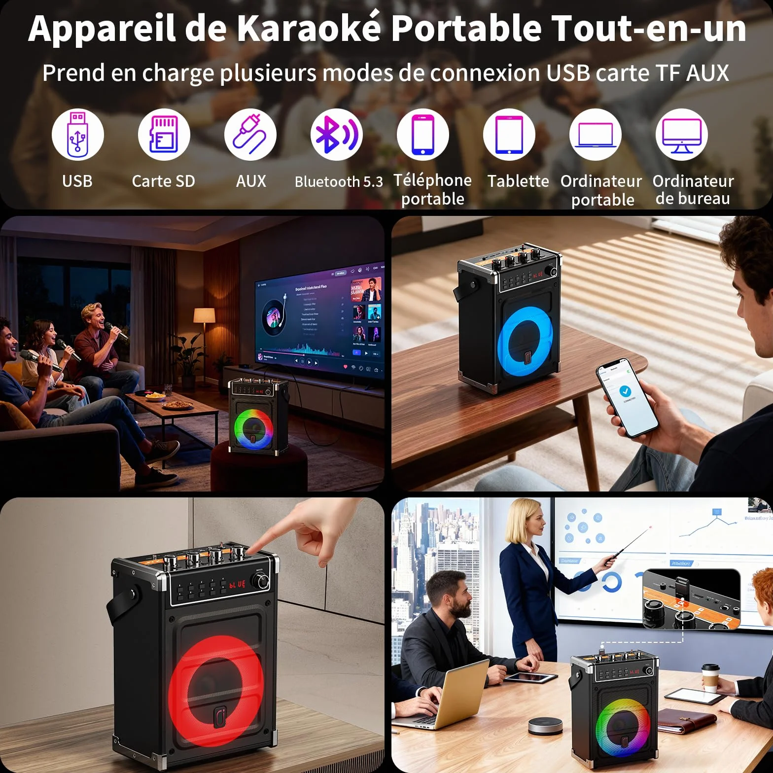 JYX Machine Karaoke Adulte 380W Enceintes Professionnelles avec 2 Micro sans Fil et Lumières Fête DJ Système Portable Noir