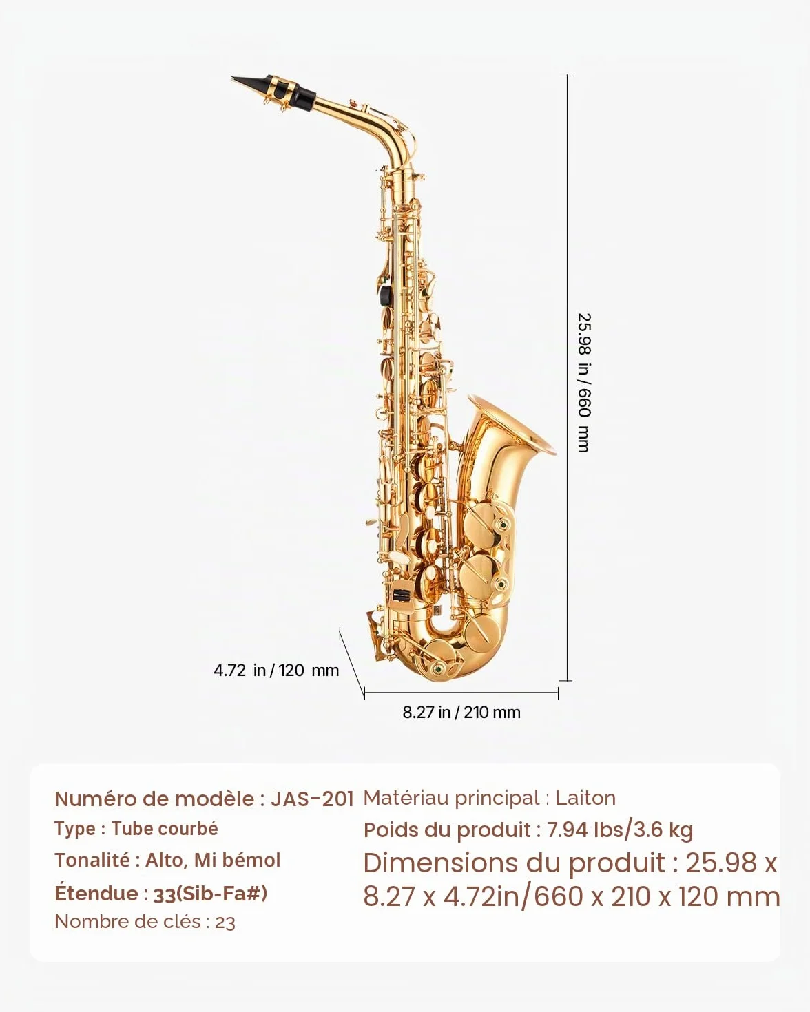 VEVOR Saxophone Alto Mi Bémol Débutants Laiton Résistant Étui Transport Bec Sangles Chiffon Nettoyage Gants Sangle Cou 23 Touches Doré