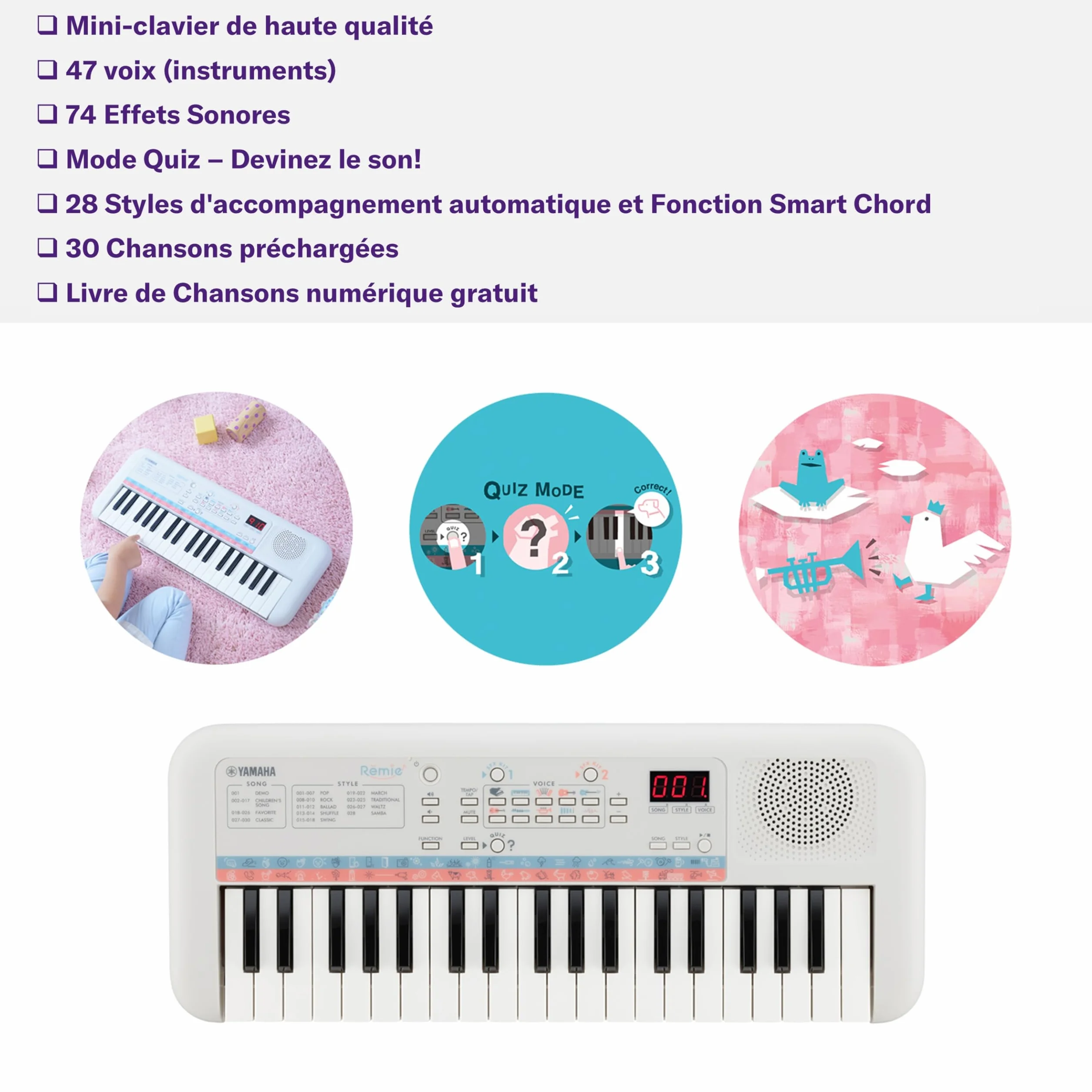 Yamaha PSS-E30 Clavier Mini Touches d'initiation portable pour enfants avec sonorités intégrées Blanc