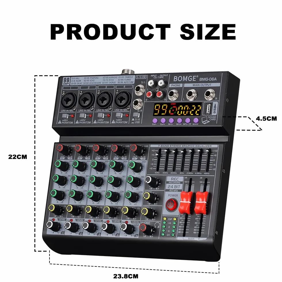 BOMGE Mixeur audio DJ professionnel 6 canaux 99 effets DSP égaliseur 7 bandes 48V Bluetooth USB enregistrement studio