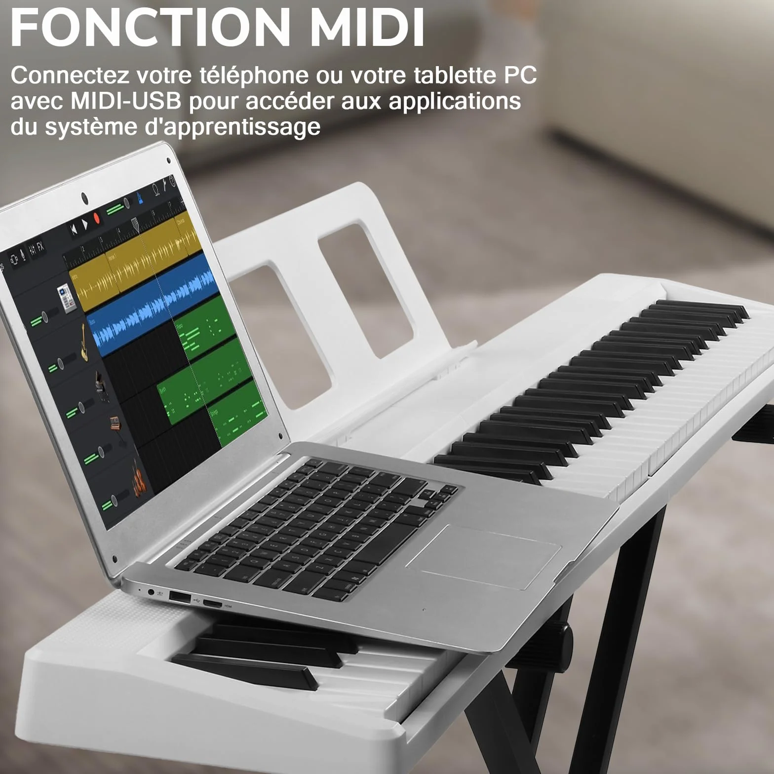 LEADZM Piano Numérique Pliable 88 Touches Semi-Lesté, 2 Modes Bluetooth, 1000 Rythmes, 1000 Sonorités, 50 Démos (Blanc)