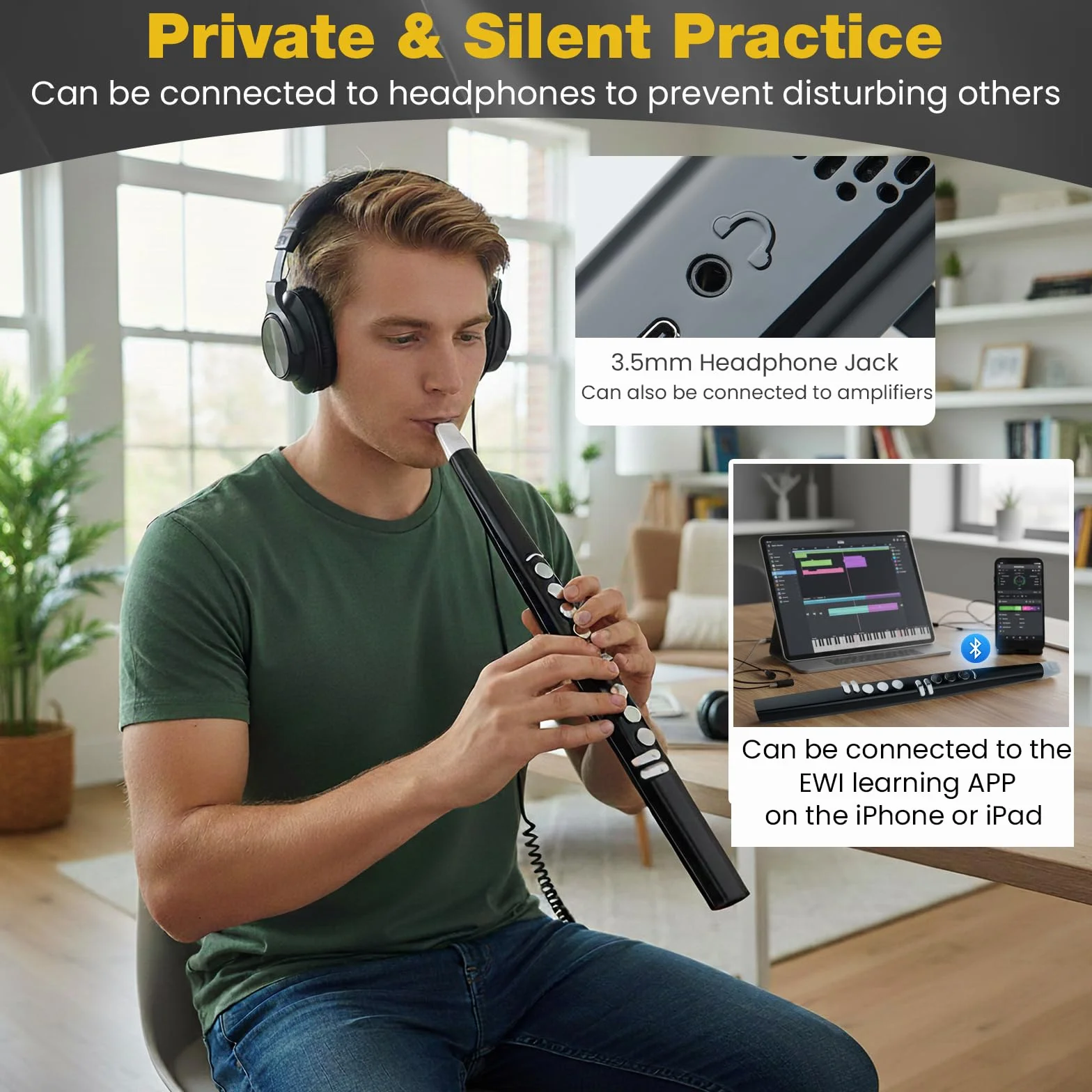 KOMFOTEU Saxophone Électronique MIDI Bluetooth USB 13 Notes 2 Doigts Portable avec Sac de Transport