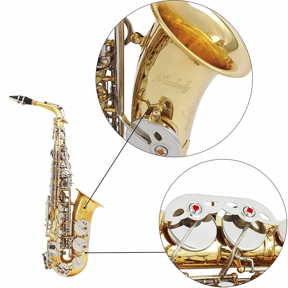 Saxophone alto en laiton brillant Mi bémol avec boutons en coquillage blancs naturels - étui, accessoires