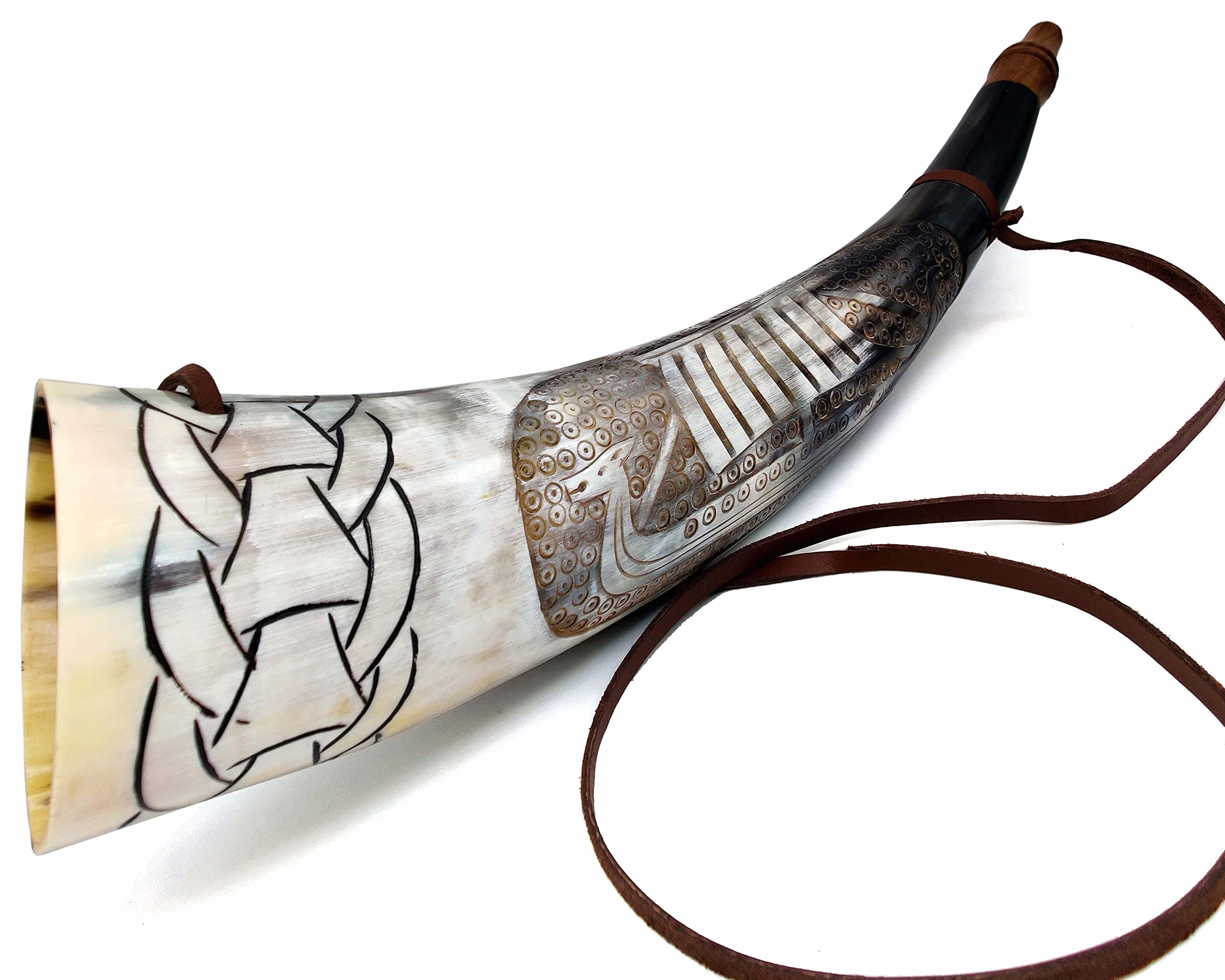 Corne de guerre Viking 40,6 cm – Trompette de combat authentique en corne de bœuf gravée à la main – Corne nordique antique avec support