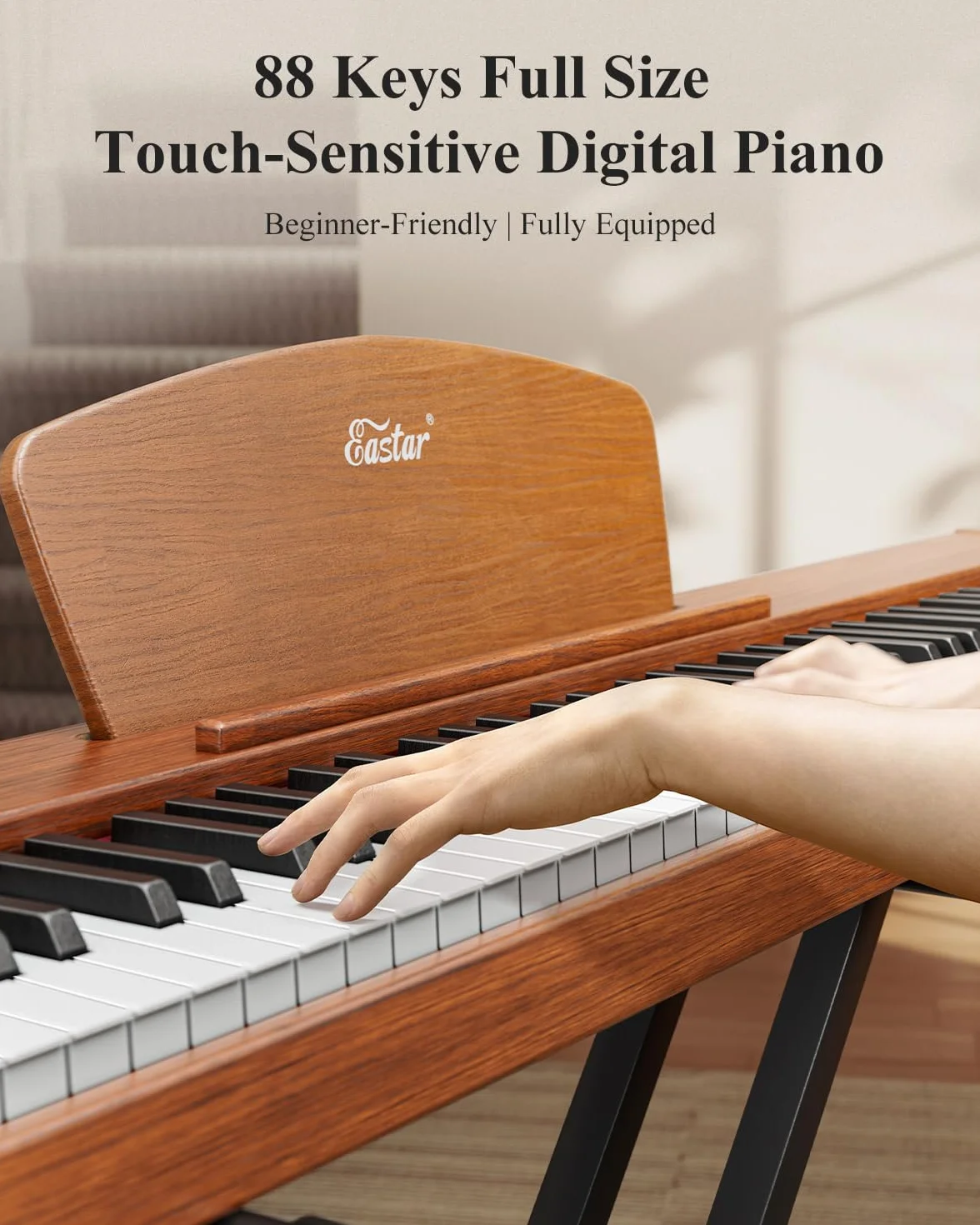 Eastar EP-80 Clavier Piano 88 Touches, Piano Électrique Pleine Taille avec Touches Sensibles, Ensemble Portable pour Débutants avec Support, Pédale et Casque, Marron