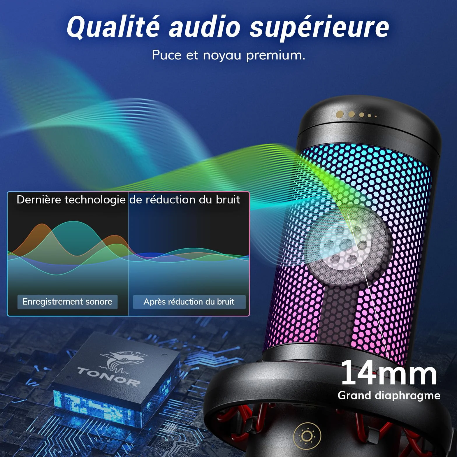 TONOR TC310+ Microphone USB RGB Condensateur Professionnel avec Support de Bras pour Streaming Enregistrement Jeux