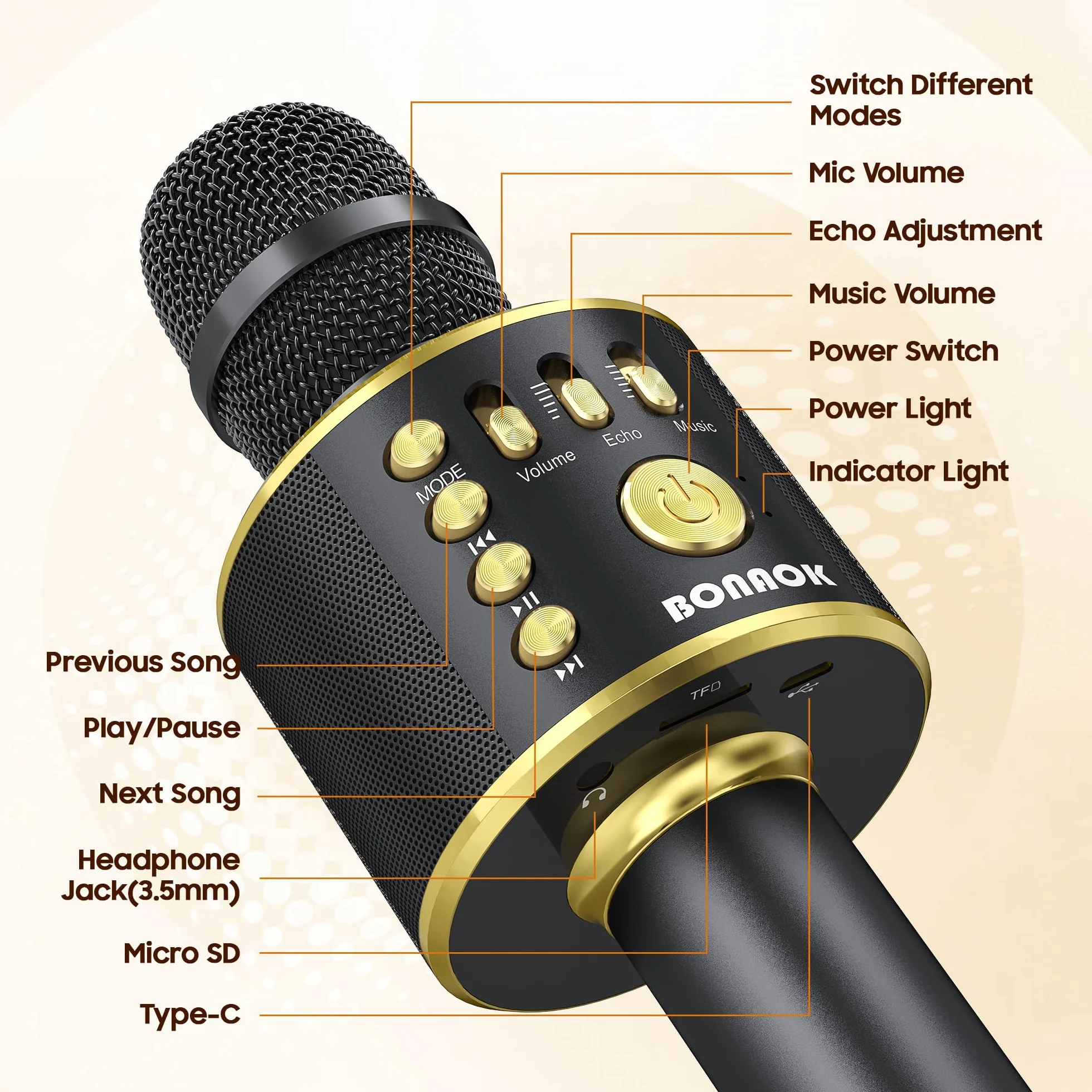 BONAOK Microphone sans Fil Karaoké Bluetooth Lecteur Enregistreur Mini Noir