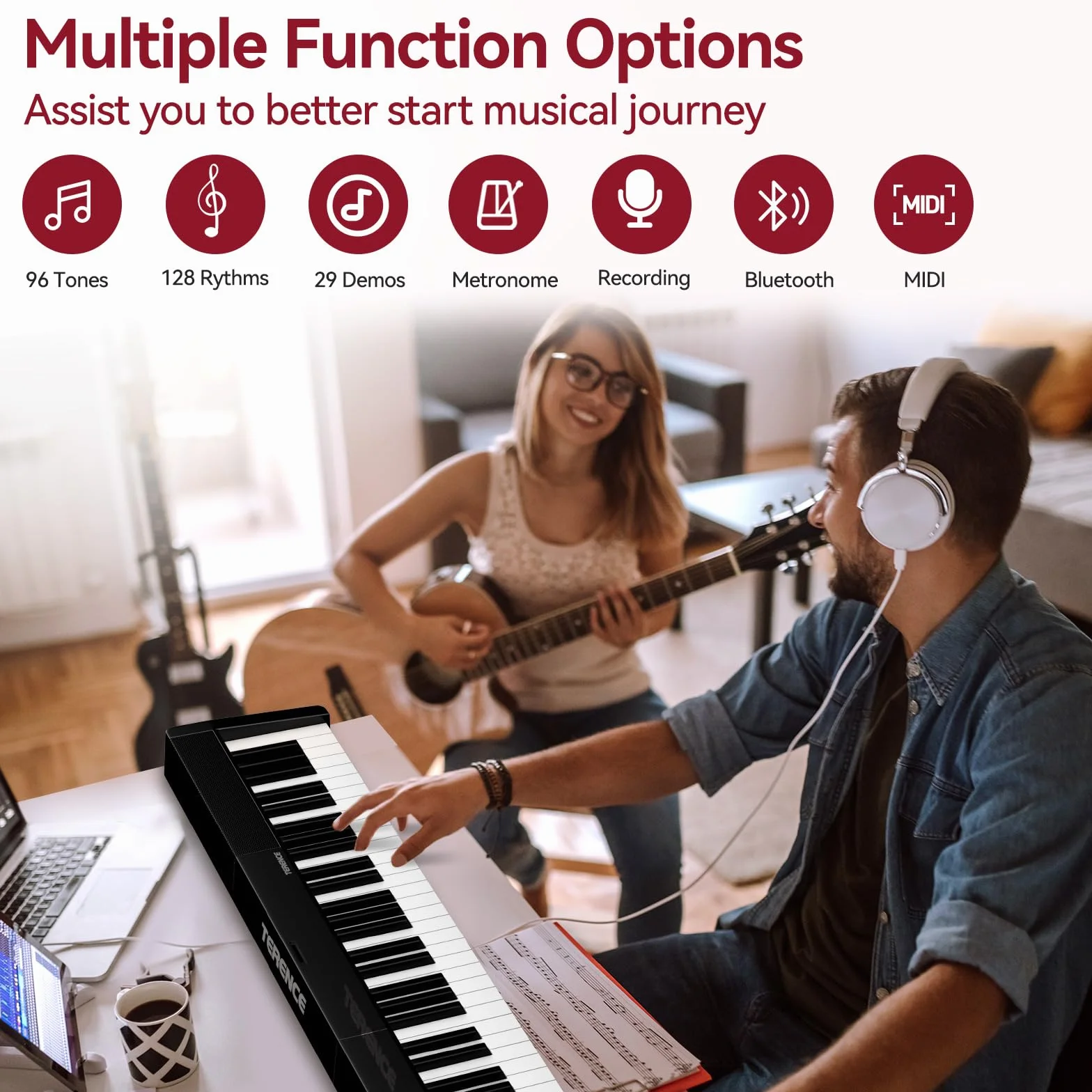 Piano numérique 88 touches lestées 1800 mAh Bluetooth MIDI Noir