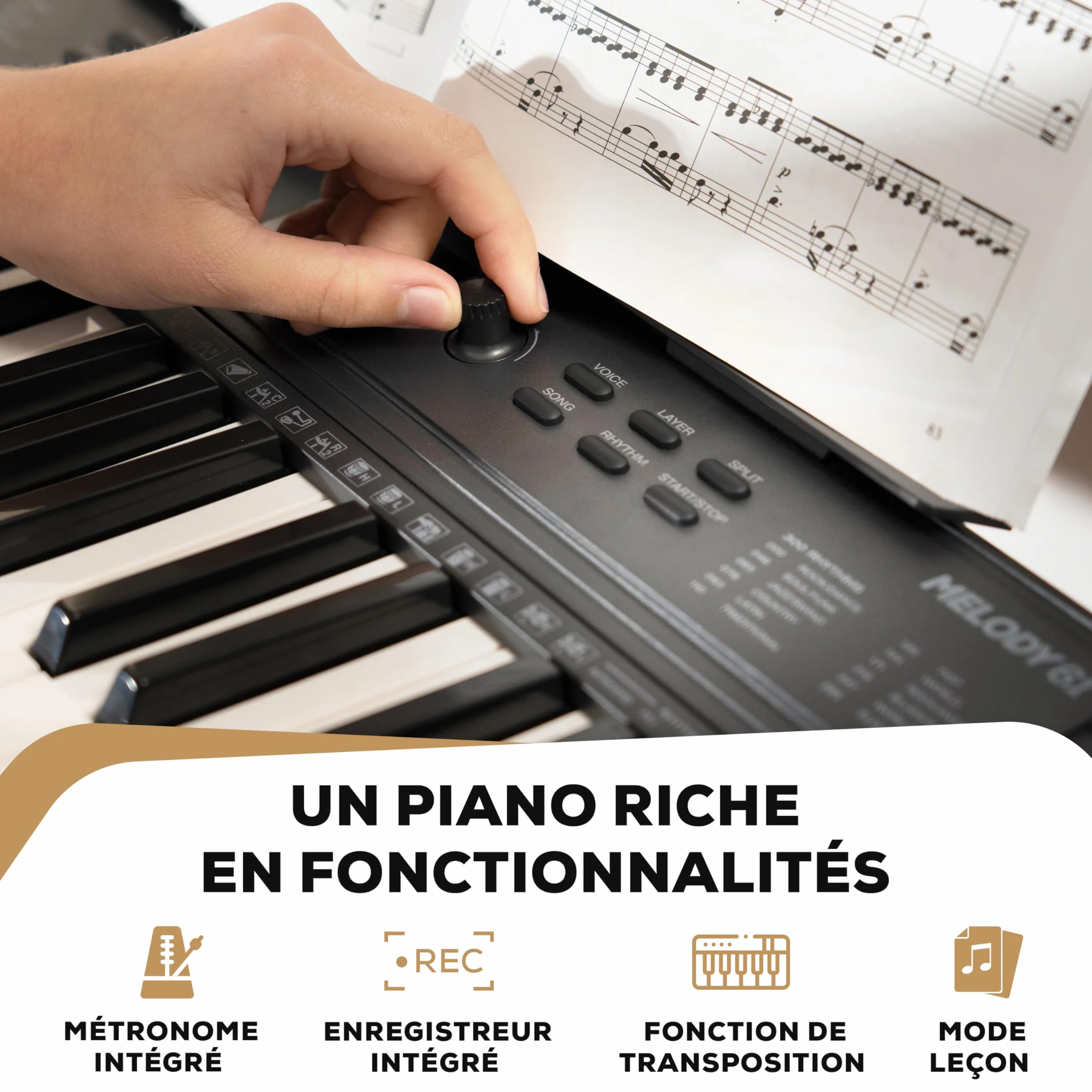 Alesis Melody 61 Piano Numérique 61 Touches pour Débutants avec Haut-Parleurs, Support, Banc, Casque, Pupitre, 300 Sons