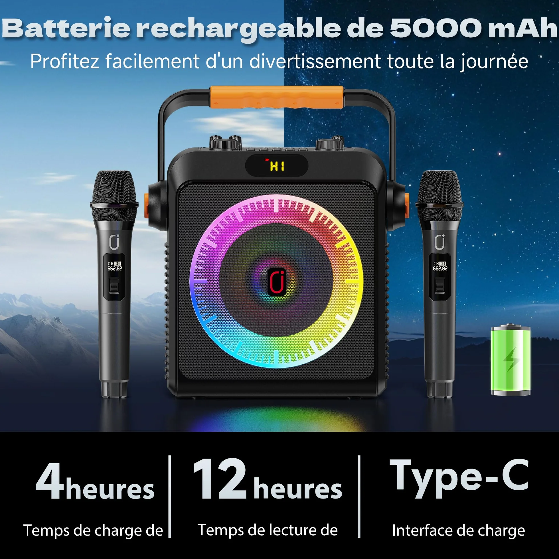 Machine de Karaoké Professionnel 80W avec 2 Microphones sans Fil, TWS Stéréo, 4 Mode Égaliseur Intégré, Support REC/AUX/USB/TF
