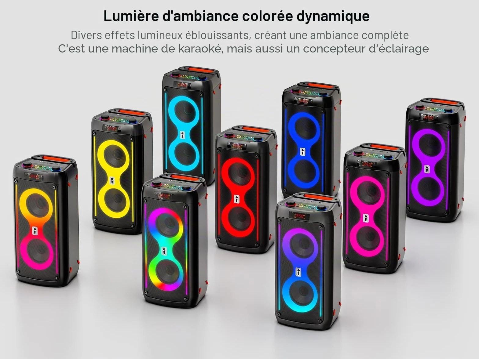 Machine de karaoké portable extérieur avec 2 microphones sans fil, système PA lumières LED, batterie 6000 mAh