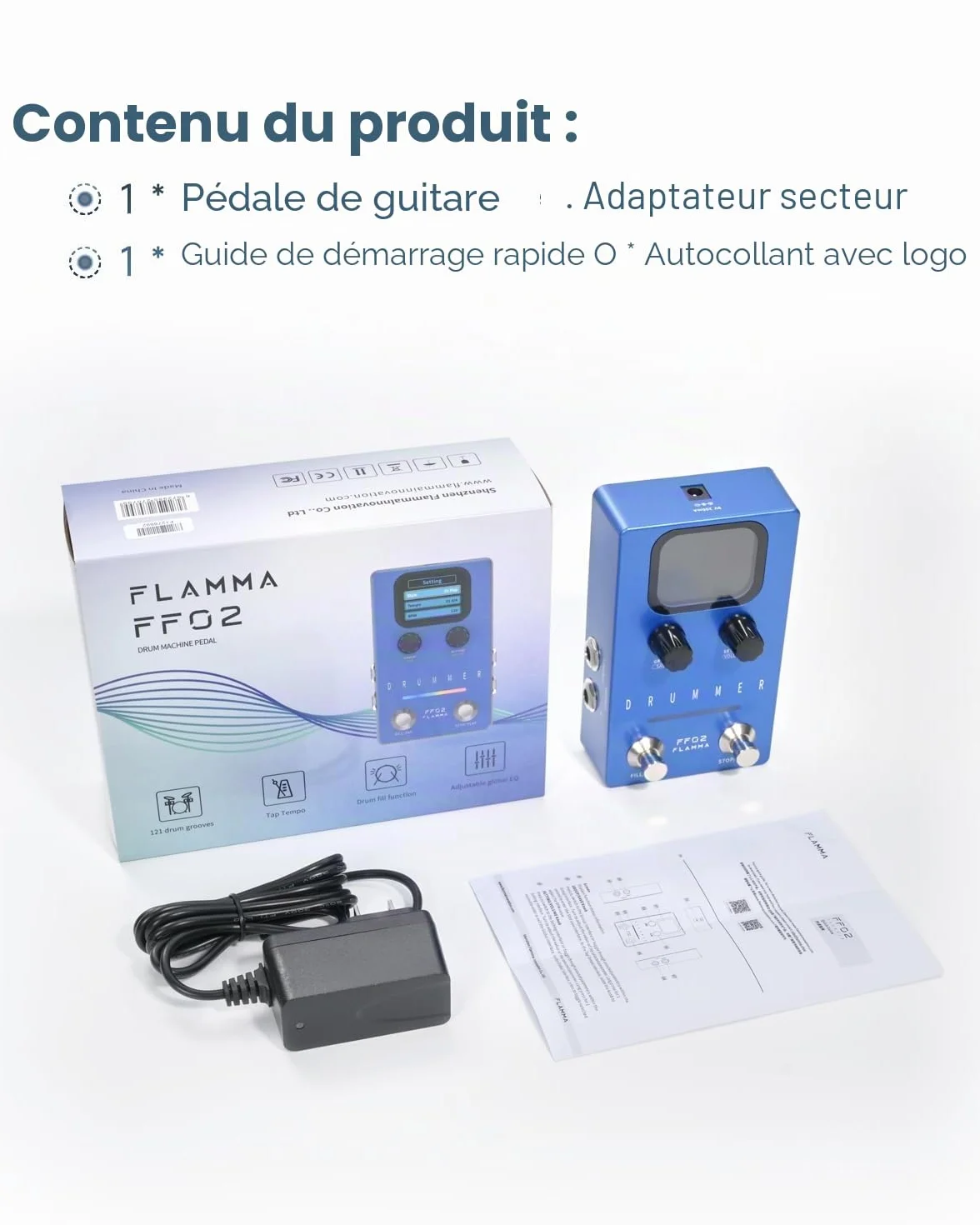 FLAMMA FF02 Pédale de guitare machine à tambour 121 rainures batterie 11 genres Tap Tempo rythmes personnalisables E/S stéréo