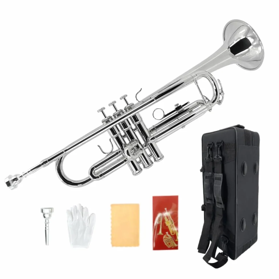 Trompette en si bémol standard pour débutants étudiants laiton avec embouchure 7C étui rigide argent