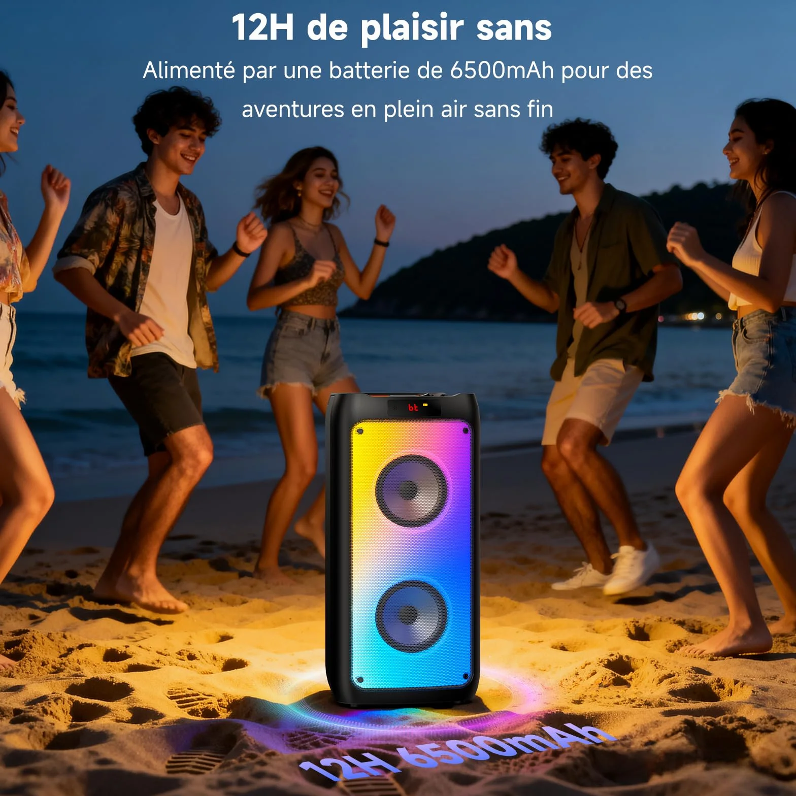 Enceinte Karaoké Bluetooth 5.3 150W avec 2 Micros sans Fil, Support Tablette et Lumière RVB, Noir