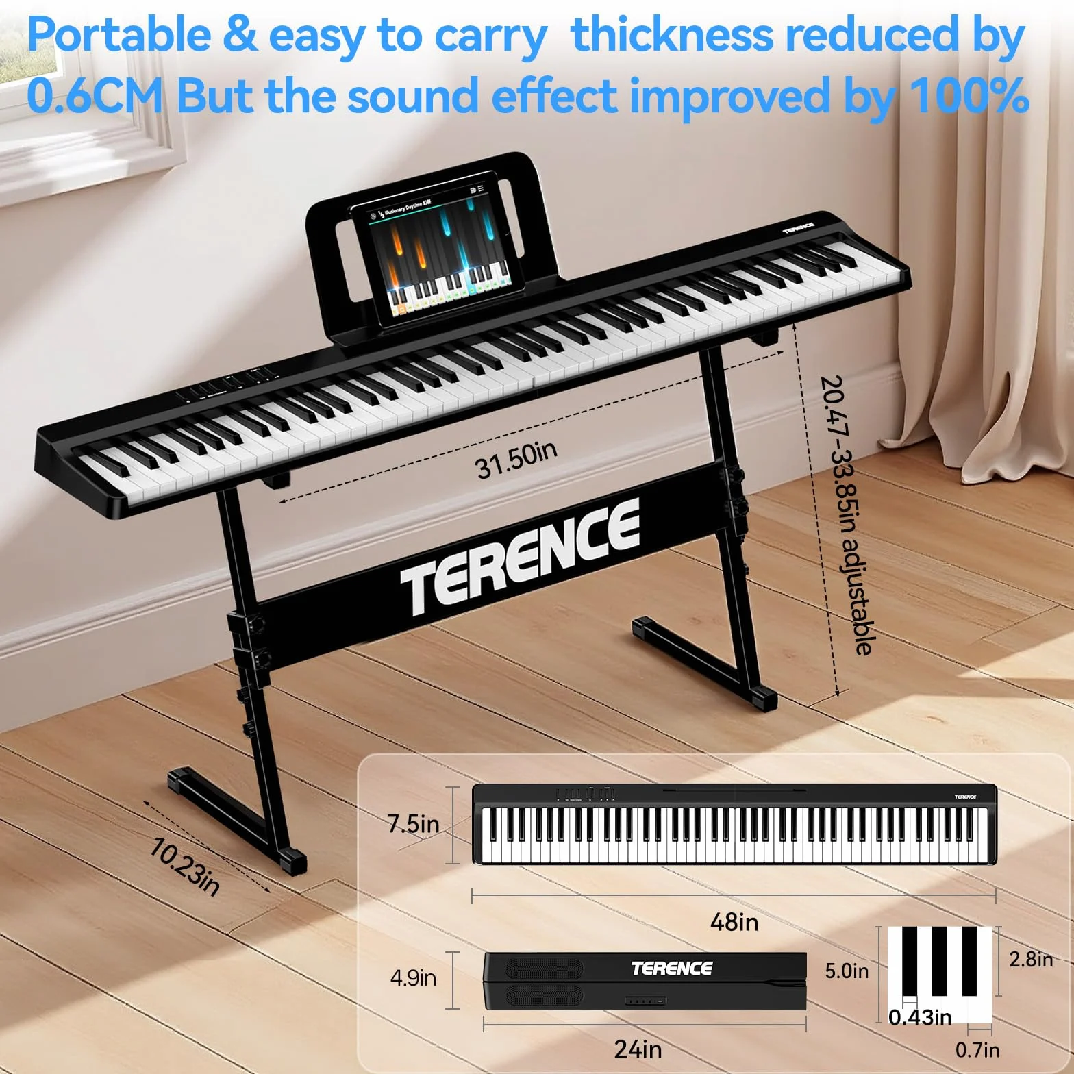 TERENCE Piano Numérique Portable 88 Touches Semi-lesté avec Support Z