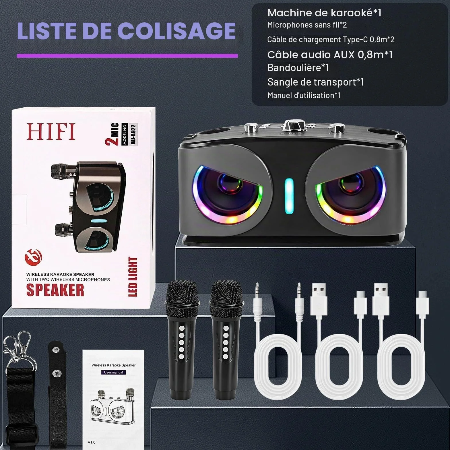 Machine de Karaoké Bluetooth Portable avec 2 Microphones sans Fil, Lumières Disco, Supporte TV/USB/AUX/TF/FM