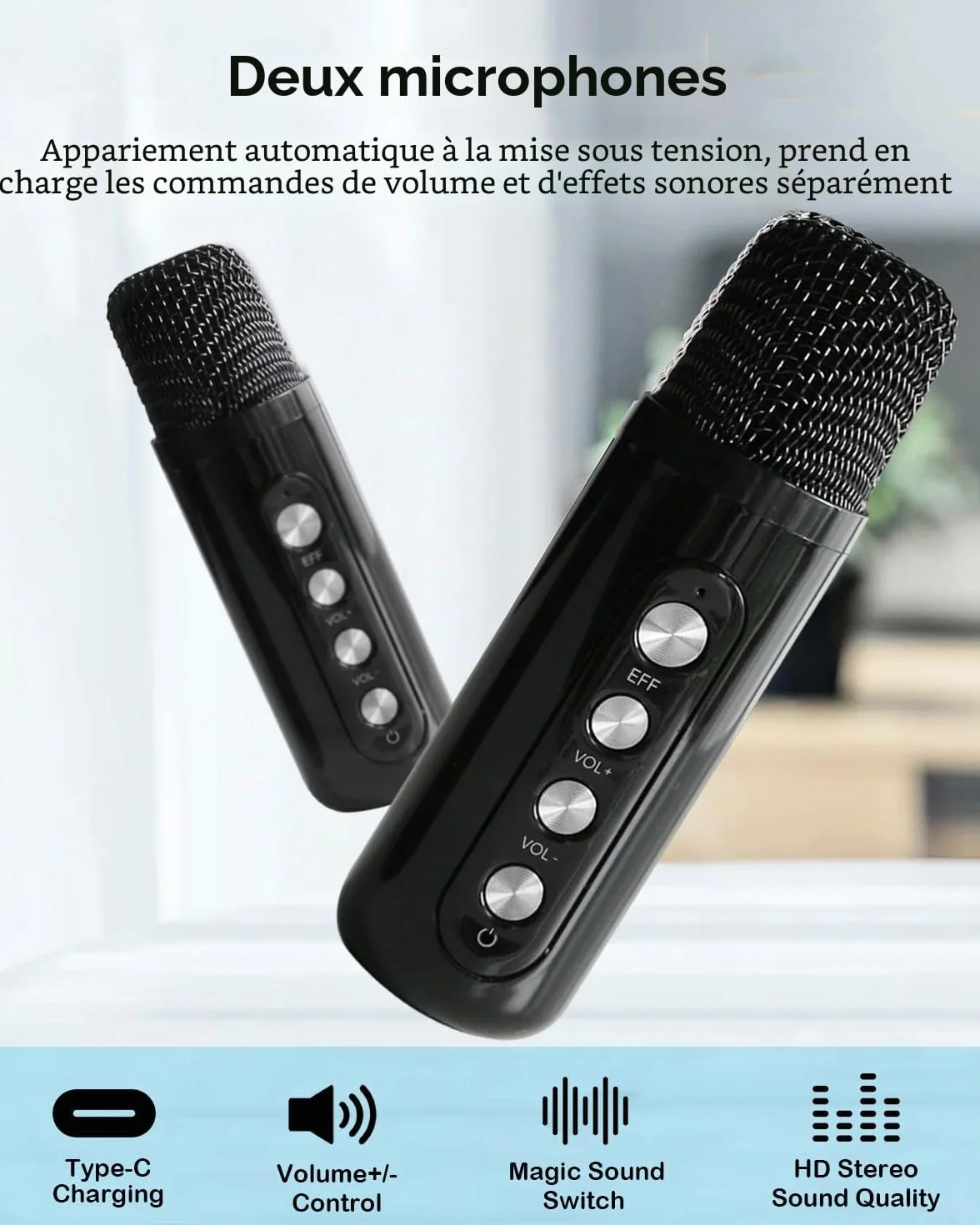 Enceinte Karaoké Professionnelle Adulte 2 Micros sans Fil Portable avec Lumières BT/AUX/USB/TF