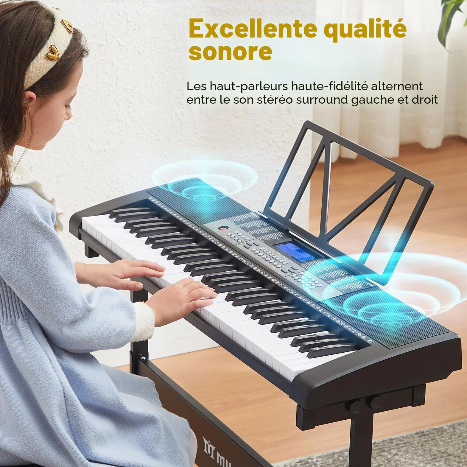 MUSTAR Piano à clavier lumineux 61 touches, clavier numérique pour débutants avec support, tabouret, casque (Noir)