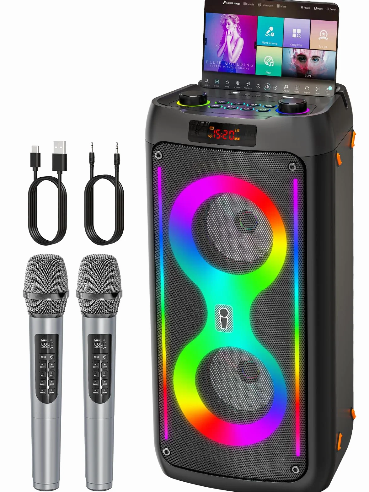 Machine de karaoké portable extérieur avec 2 microphones sans fil, système PA lumières LED, batterie 6000 mAh