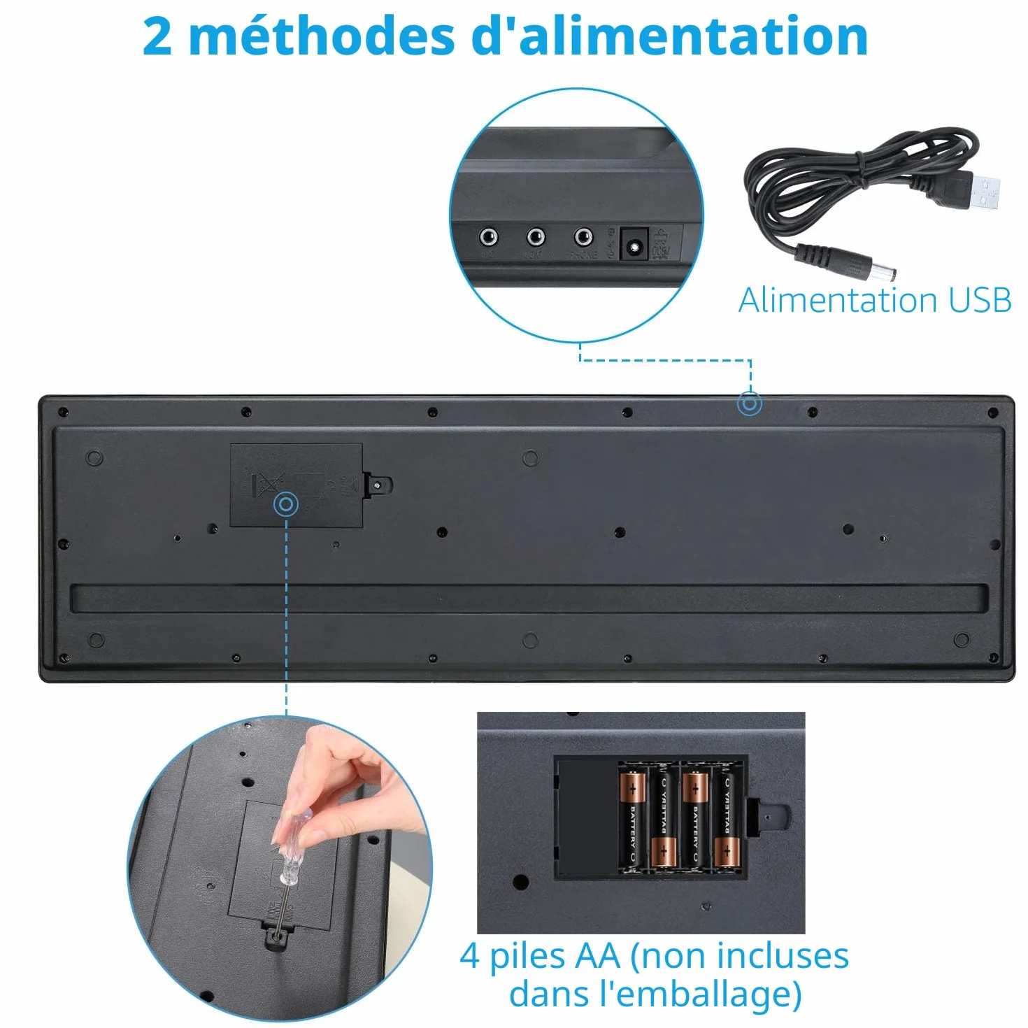 Clavier électronique 61 touches portable pour enfants avec microphone, pupitre (noir)
