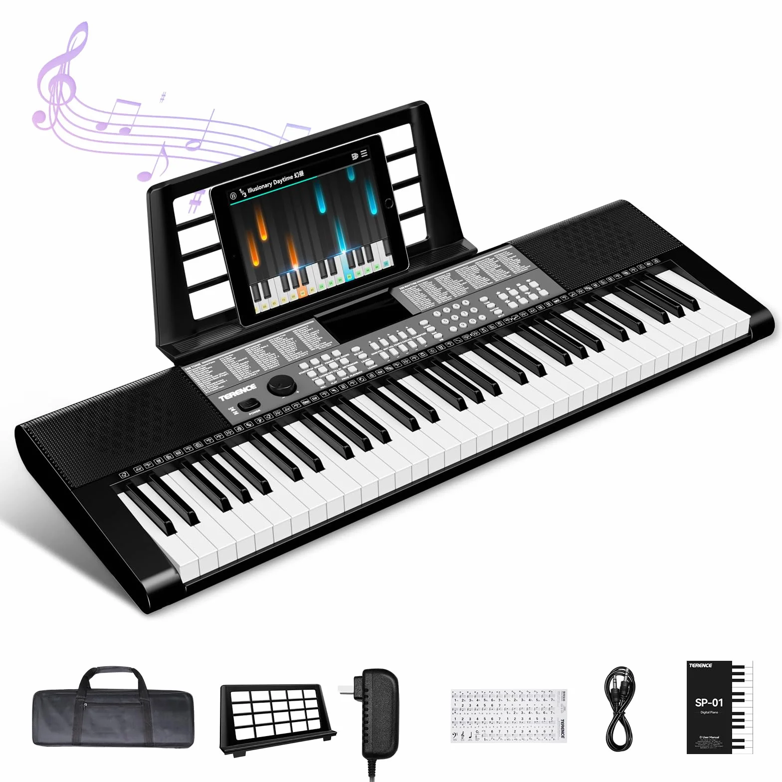 TERENCE Piano Numérique 61 Touches Double Haut-parleur HiFi Clavier LED 2 Options d'alimentation