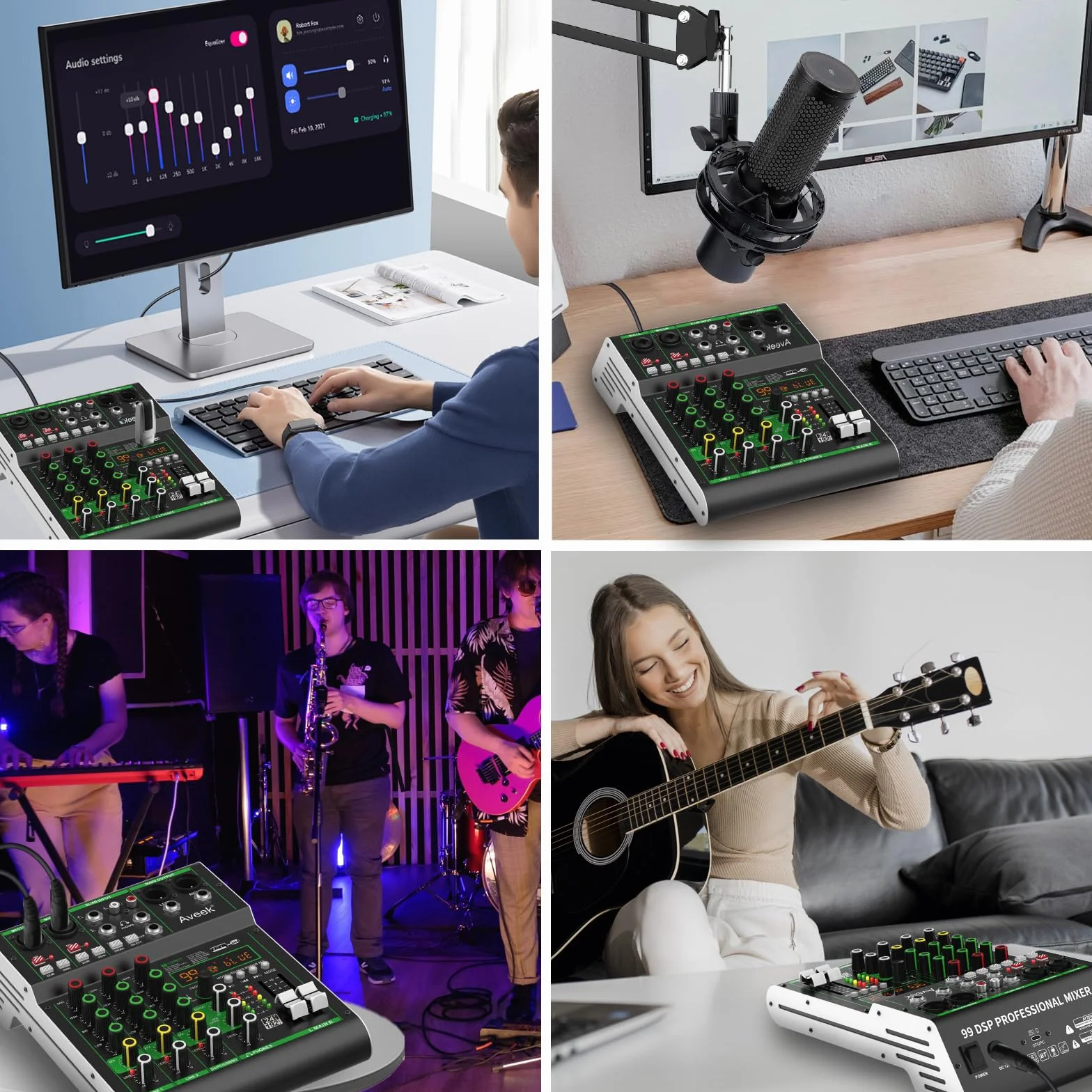 Aveek Table de Mixage Professionnelle 4 Canaux USB Bluetooth 48V Phantom Power 99 DSP Effect