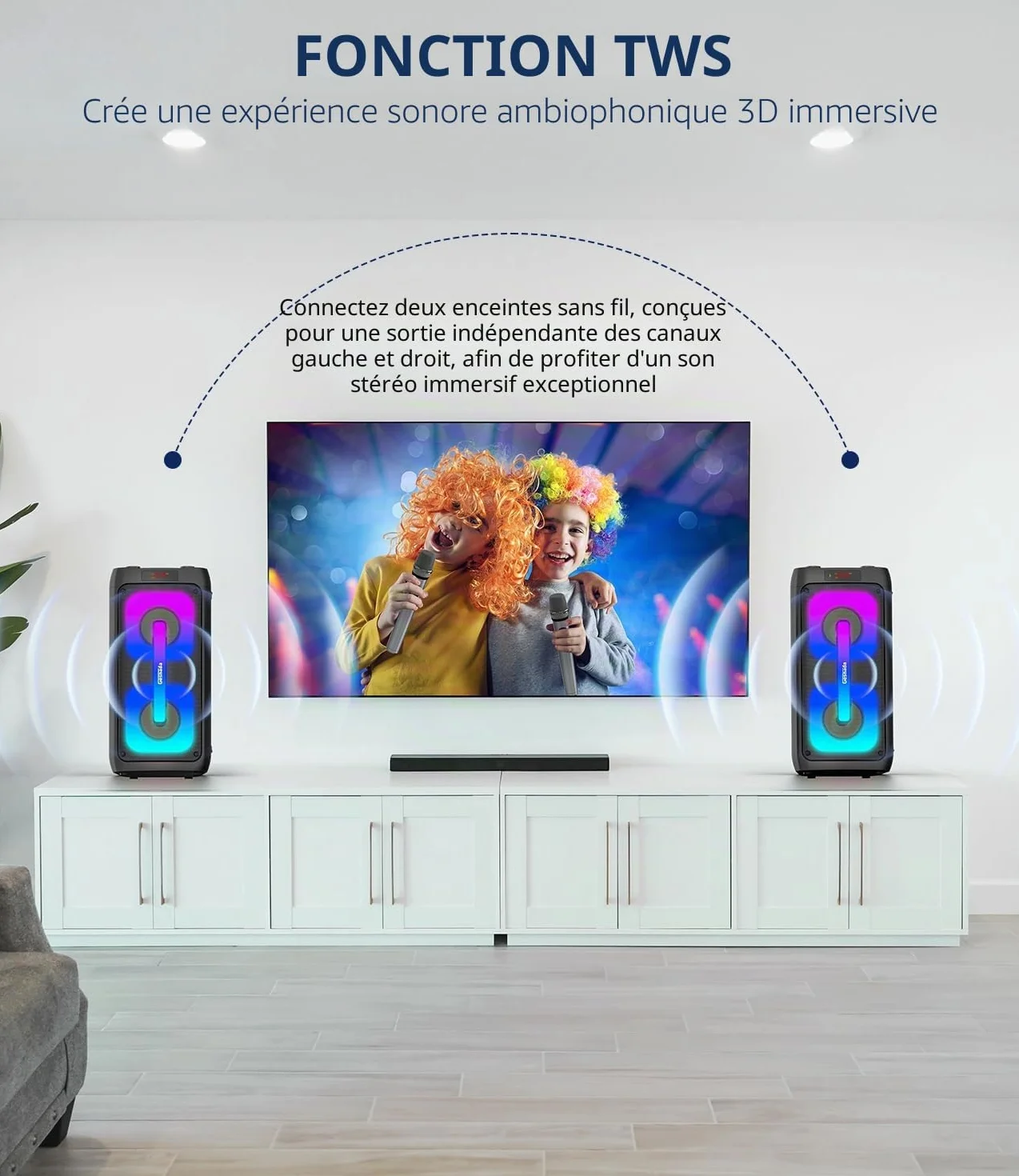 Machine de karaoké Bluetooth Professionnel avec 2 Microphones, Lumières LED, Support USB/TF/AUX/MIC/TWS