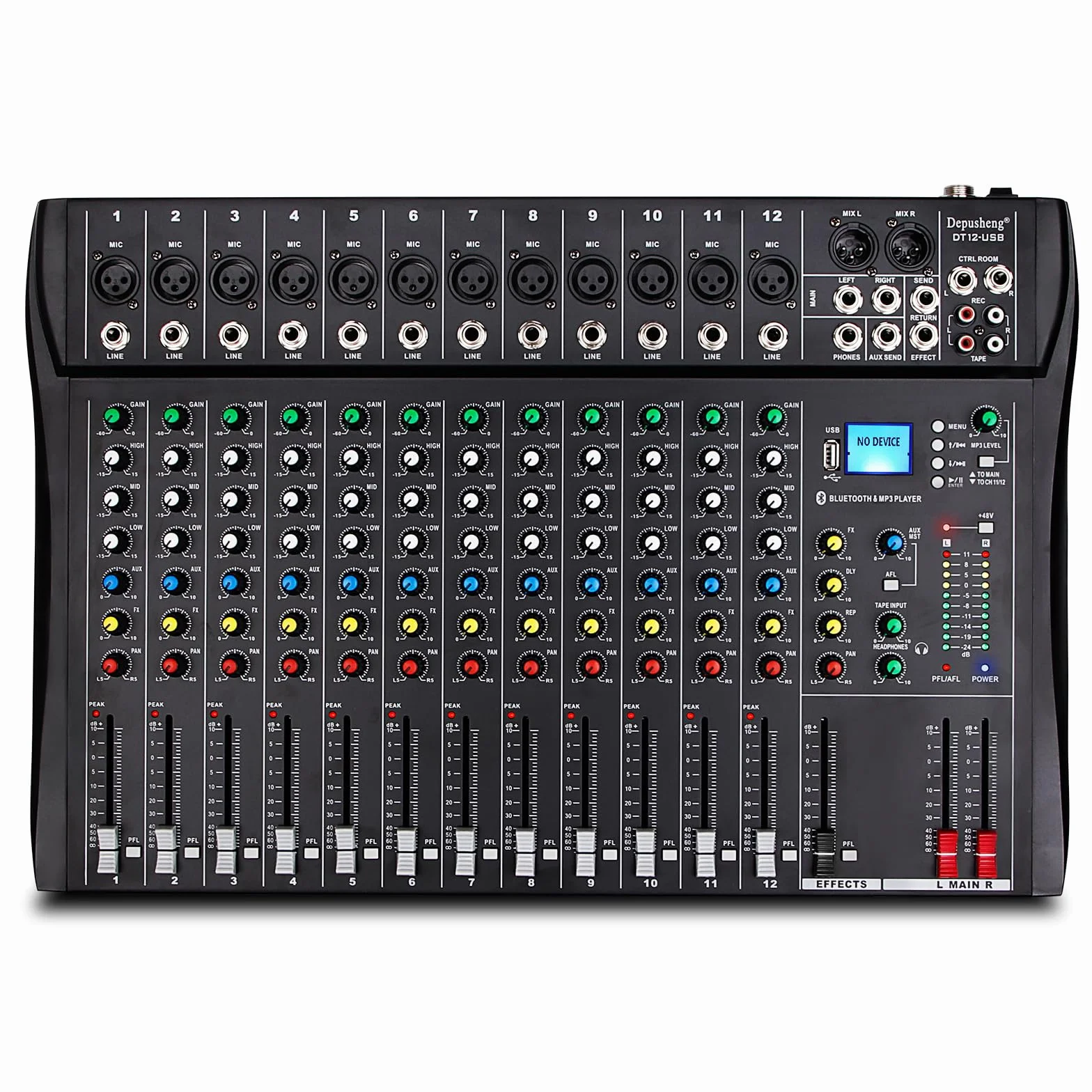 Depusheng DT12 Console de mixage audio studio 12 canaux avec interface contrôleur DJ USB alimentation 48V