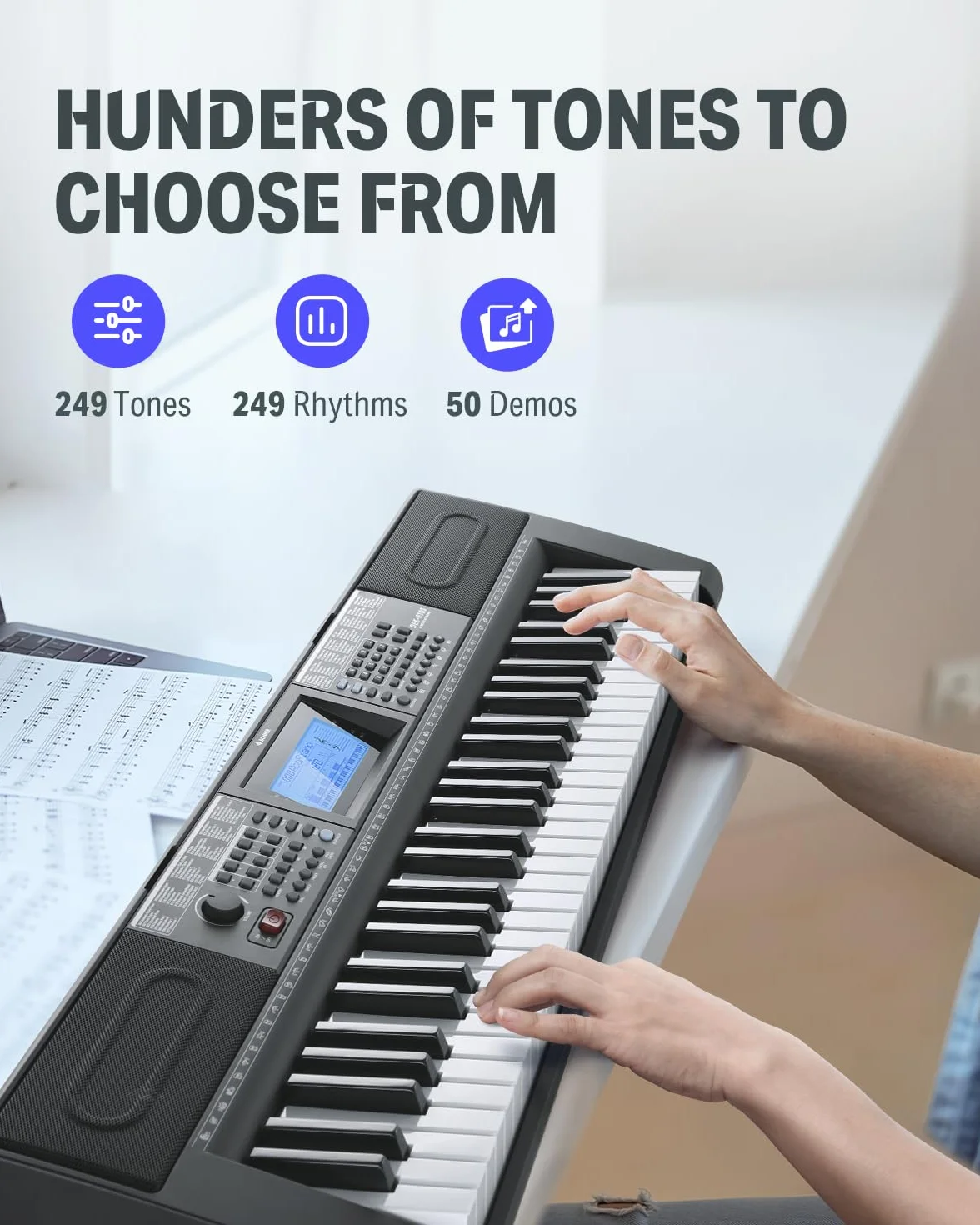 Donner DEK-610S Clavier Électrique 61 Touches 249 Voix 249 Rythmes avec Support Tabouret Microphone Noir