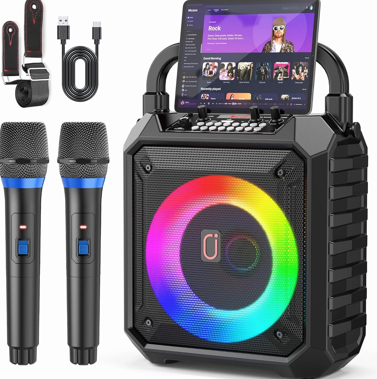 Machine de Karaoké 80W Enceinte Bluetooth 2 Micro sans Fil REC AUX USB TF Portable Fêtes