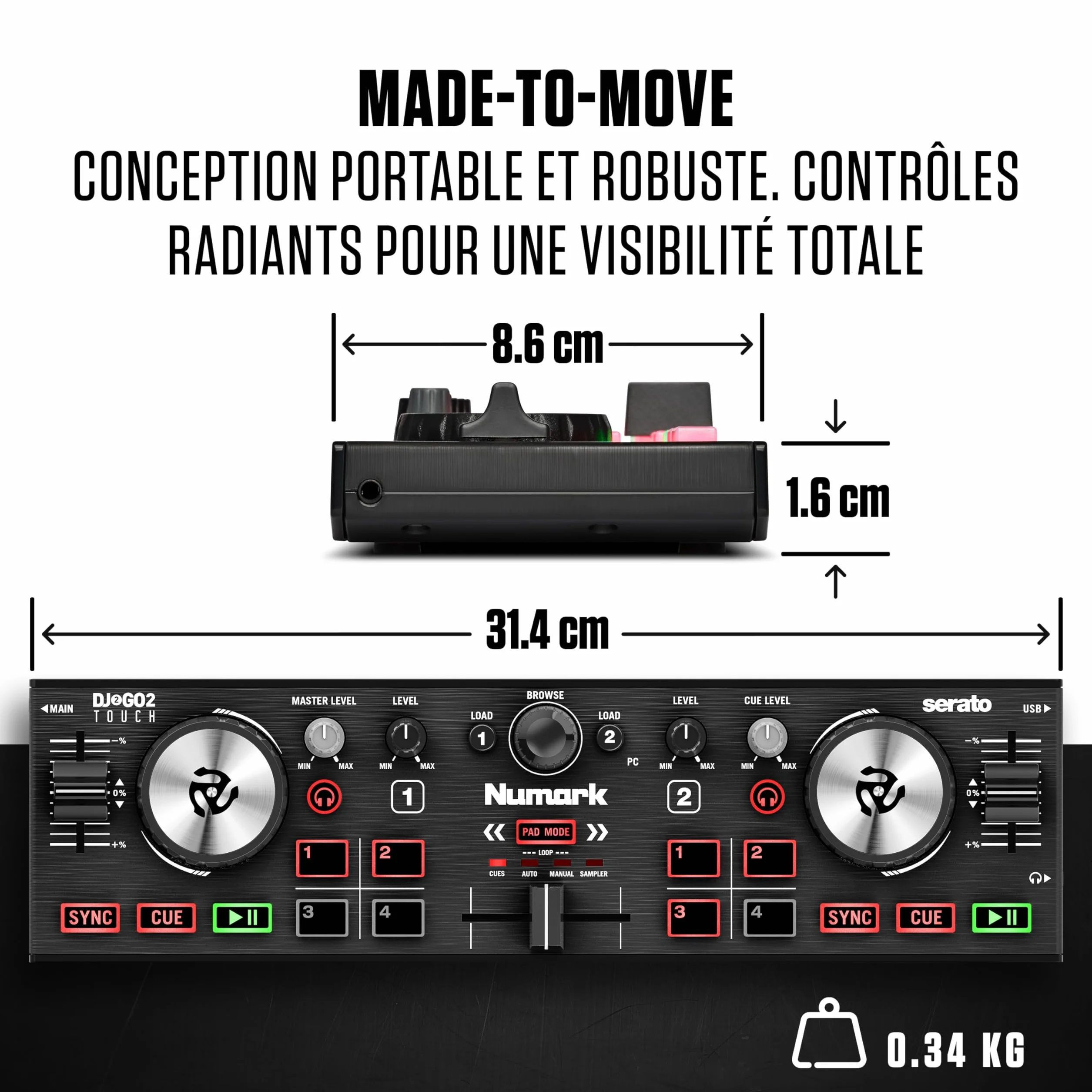 Numark DJ2GO2 Touch Contrôleur DJ 2 Canaux Portable avec Table de Mixage et Carte Son Intégrées et Platines Tactiles, Serato DJ Lite