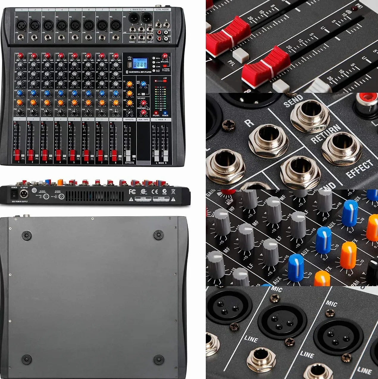 Depusheng DA8 Console de mixage audio professionnelle 8 canaux Bluetooth USB MP3 Alimentation fantôme 48V Noir