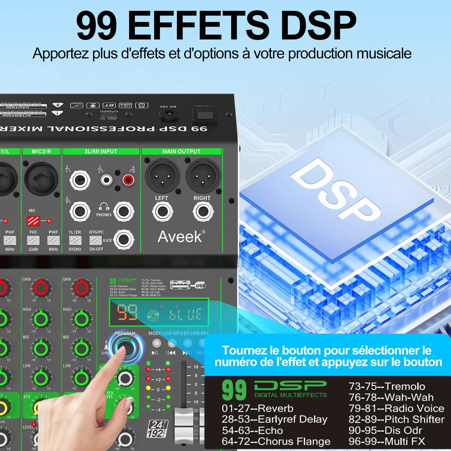 Aveek Table de Mixage Professionnelle 4 Canaux USB Bluetooth 48V Phantom Power 99 DSP Effect