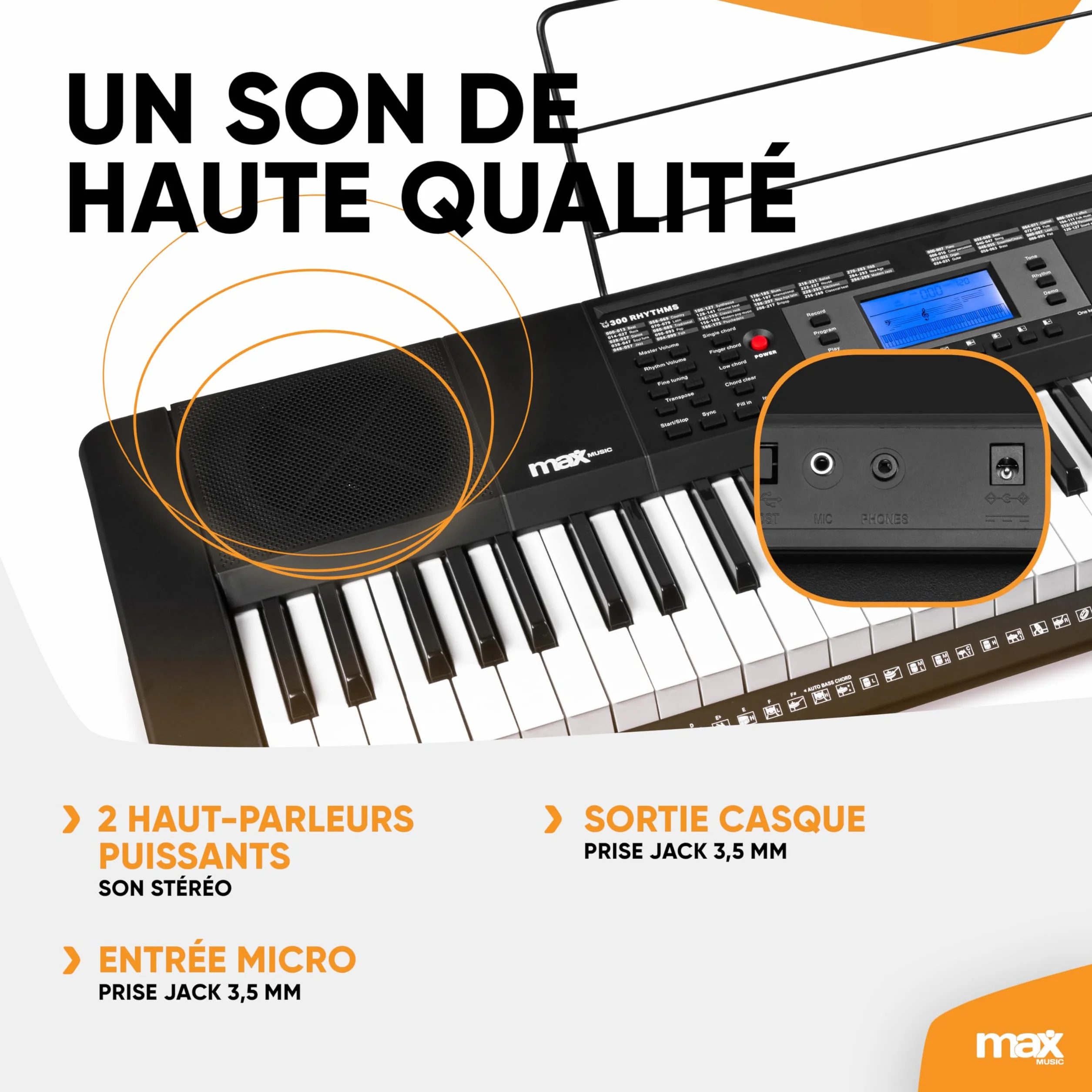 Max Rhapsody61 Clavier Électronique 61 Touches Pack Complet avec Casque Audio Stand Micro Banc Synthétiseur Débutant Deux Haut-parleurs Intégrés