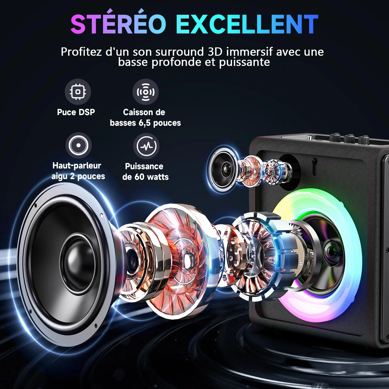 Enceinte karaoké Bluetooth 5.3 Portable 120W avec 2 Micros sans Fil, Système PA avec Correction de Tonalité & Réglage d'Écho