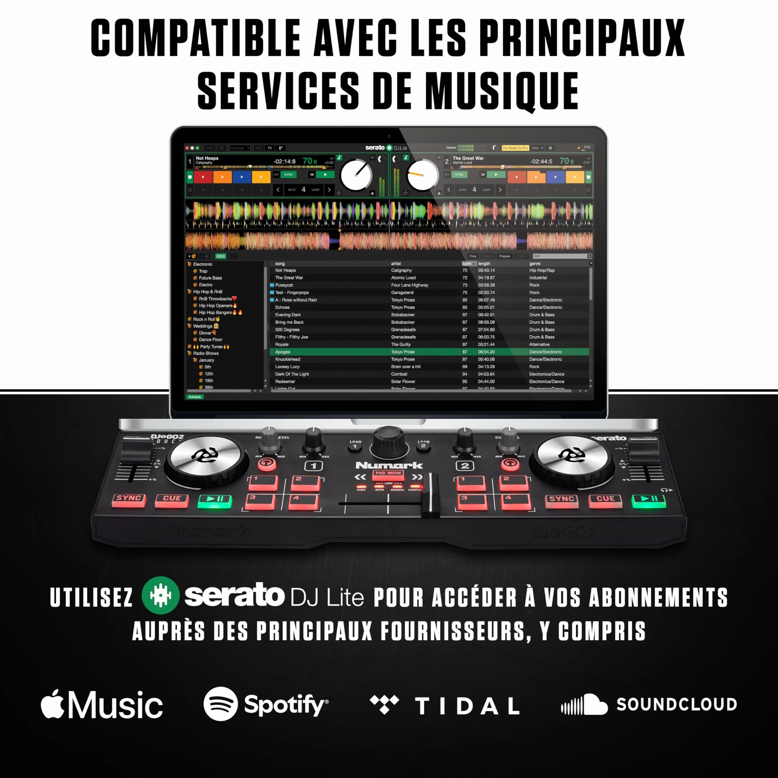 Numark DJ2GO2 Touch Contrôleur DJ 2 Canaux Portable avec Table de Mixage et Carte Son Intégrées et Platines Tactiles, Serato DJ Lite