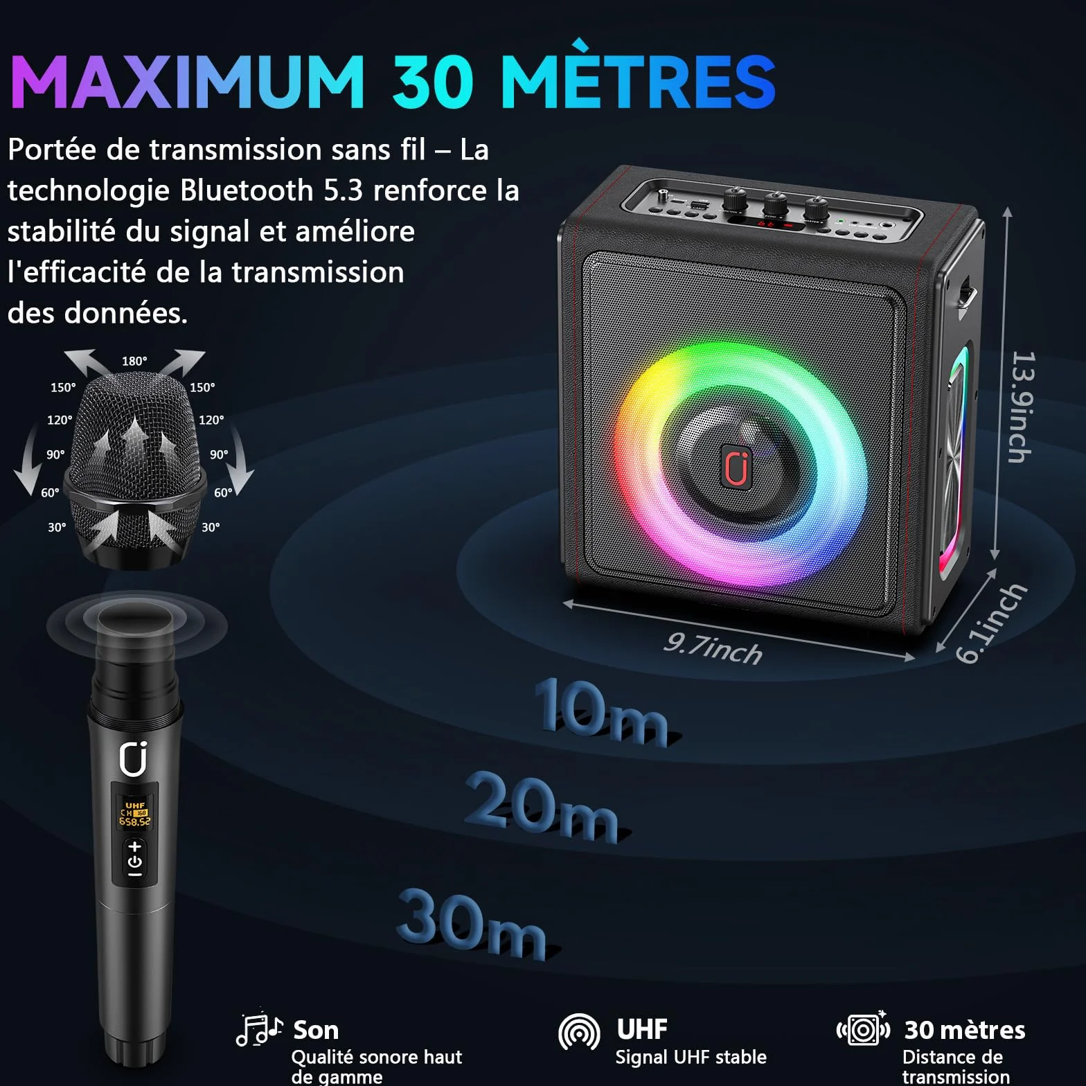 Enceinte karaoké Bluetooth 5.3 Portable 120W avec 2 Micros sans Fil, Système PA avec Correction de Tonalité & Réglage d'Écho