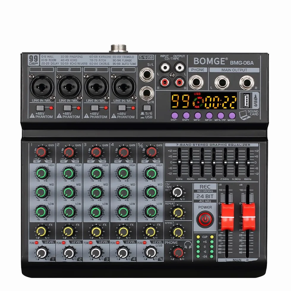 BOMGE Mixeur audio DJ professionnel 6 canaux 99 effets DSP égaliseur 7 bandes 48V Bluetooth USB enregistrement studio