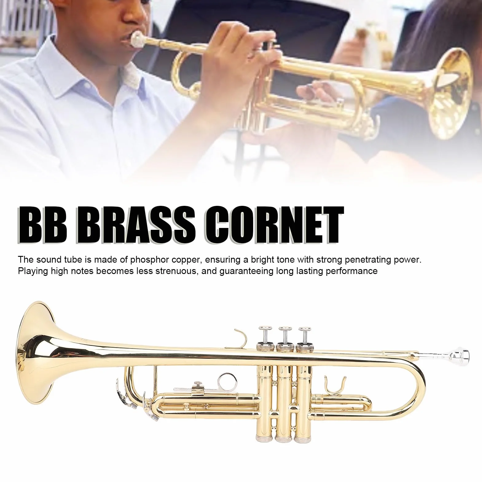 BB Brass Cornet Kit pour Débutants, Instrument de Musique en Laiton avec étui de Transport (Golden)
