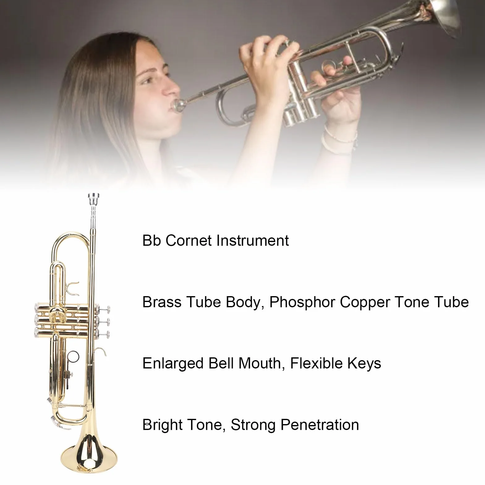 BB Brass Cornet Kit pour Débutants, Instrument de Musique en Laiton avec étui de Transport (Golden)