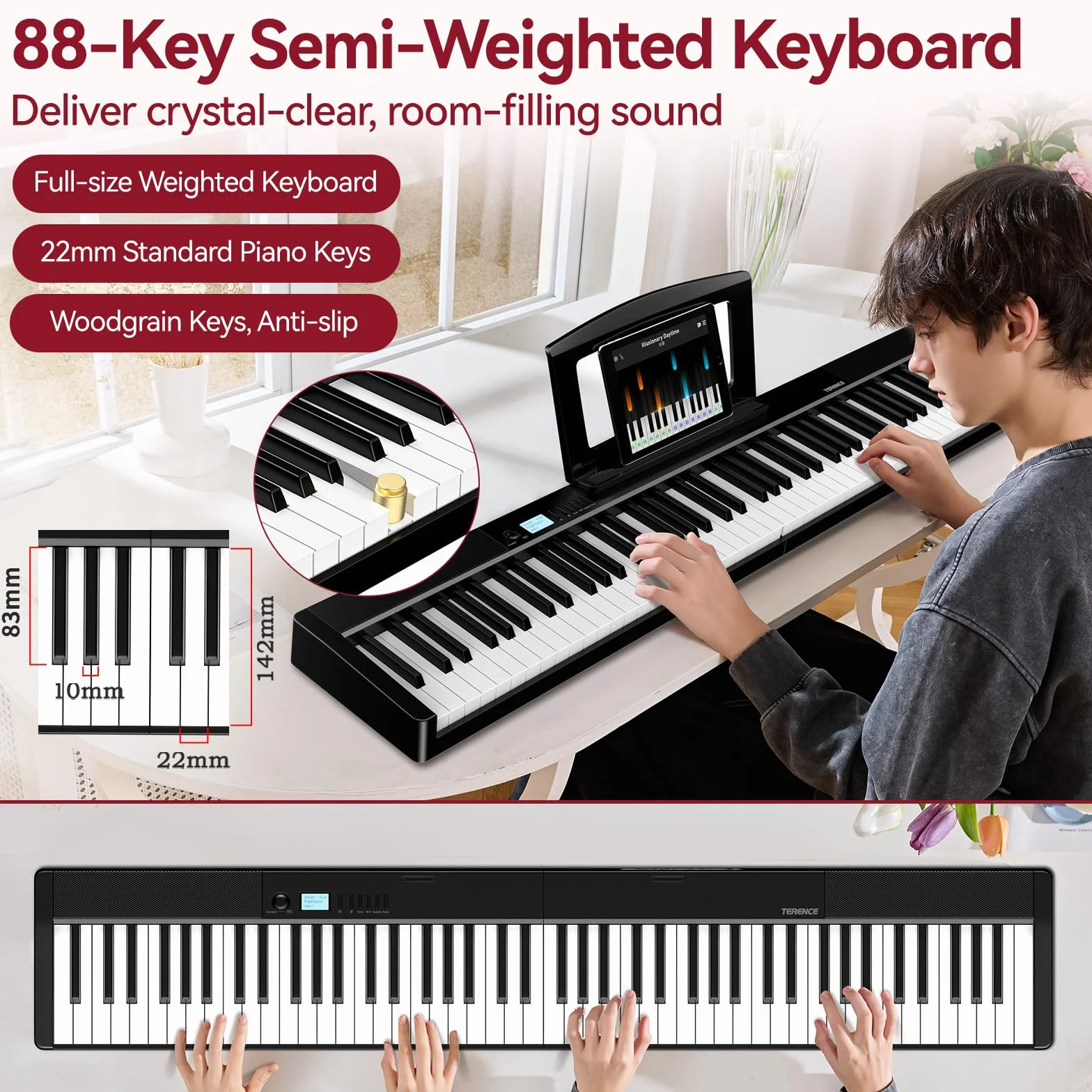 Piano numérique 88 touches lestées 1800 mAh Bluetooth MIDI Noir