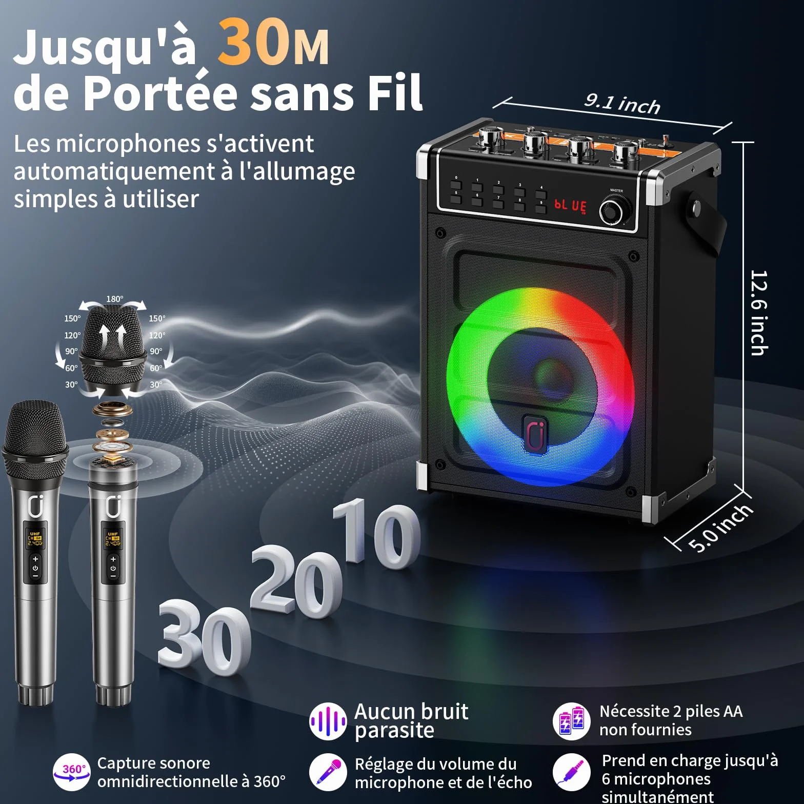 JYX Machine Karaoke Adulte 380W Enceintes Professionnelles avec 2 Micro sans Fil et Lumières Fête DJ Système Portable Noir