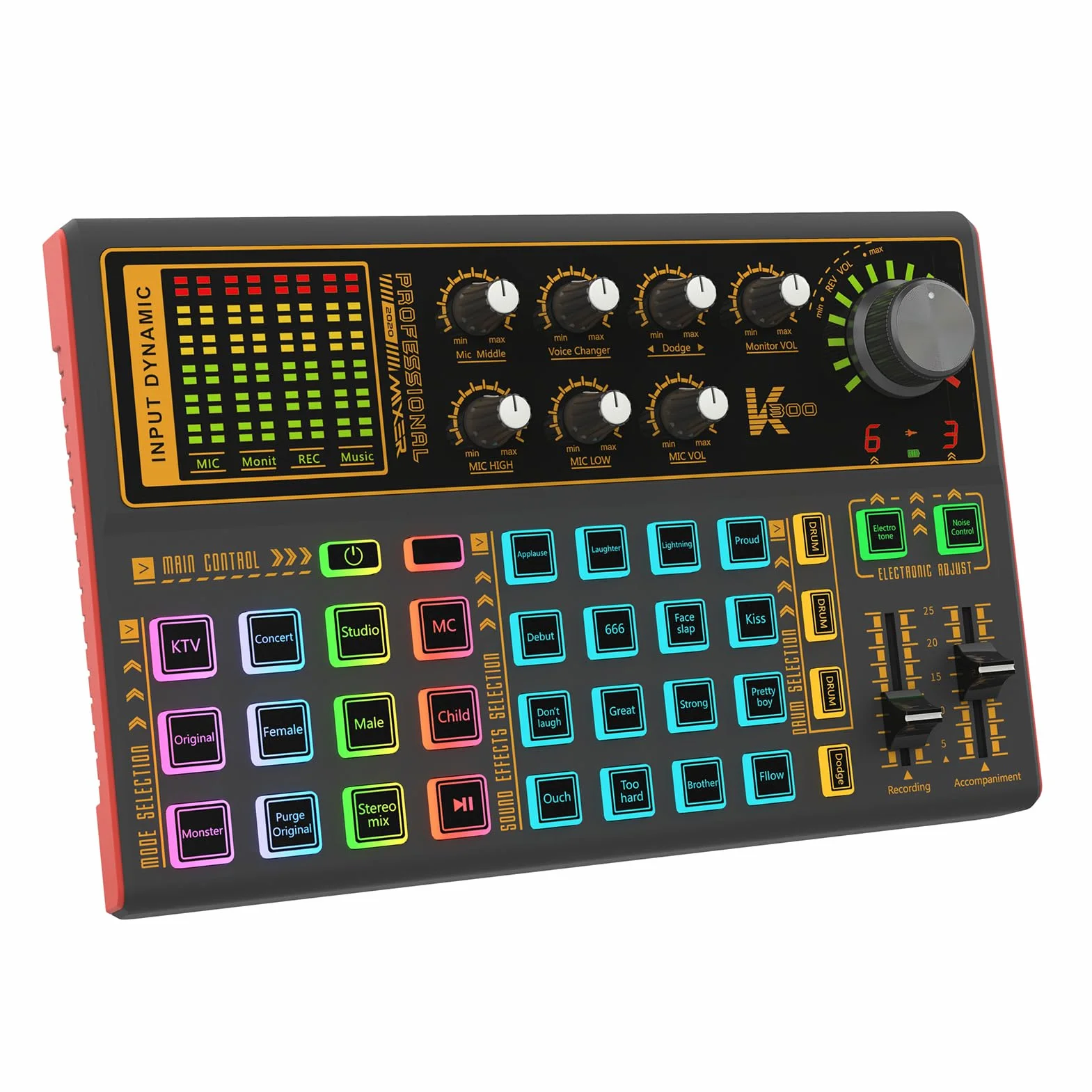 Docooler K300 Carte son DJ avec effets de mixage, modificateur de voix et lumière LED pour streaming