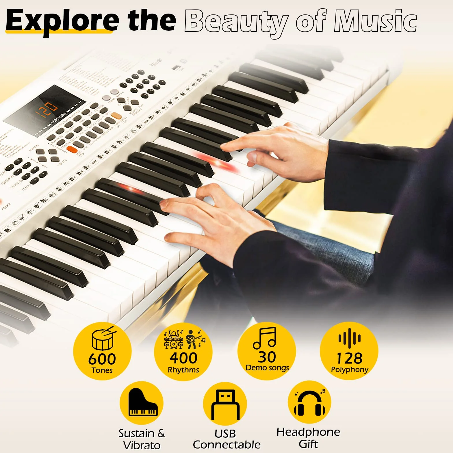 Vangoa Clavier Électronique 61 Touches Lumineuses avec Support Piano, Microphone, 600 Timbres, 400 Rythmes