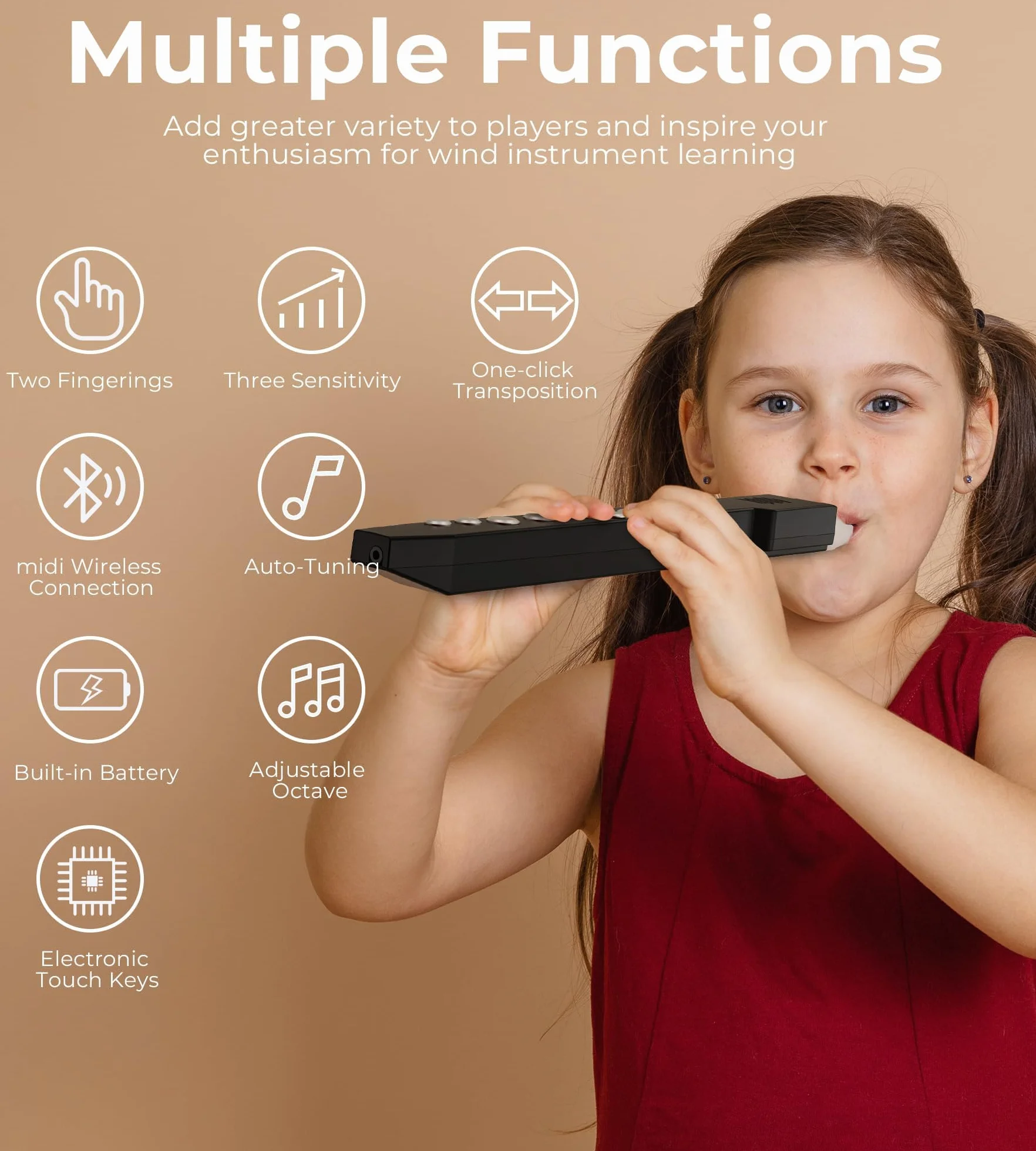 Vangoa EWI-100 Instrument de Vent Électronique Numérique Portable Rechargeable avec Embouchure Amovible