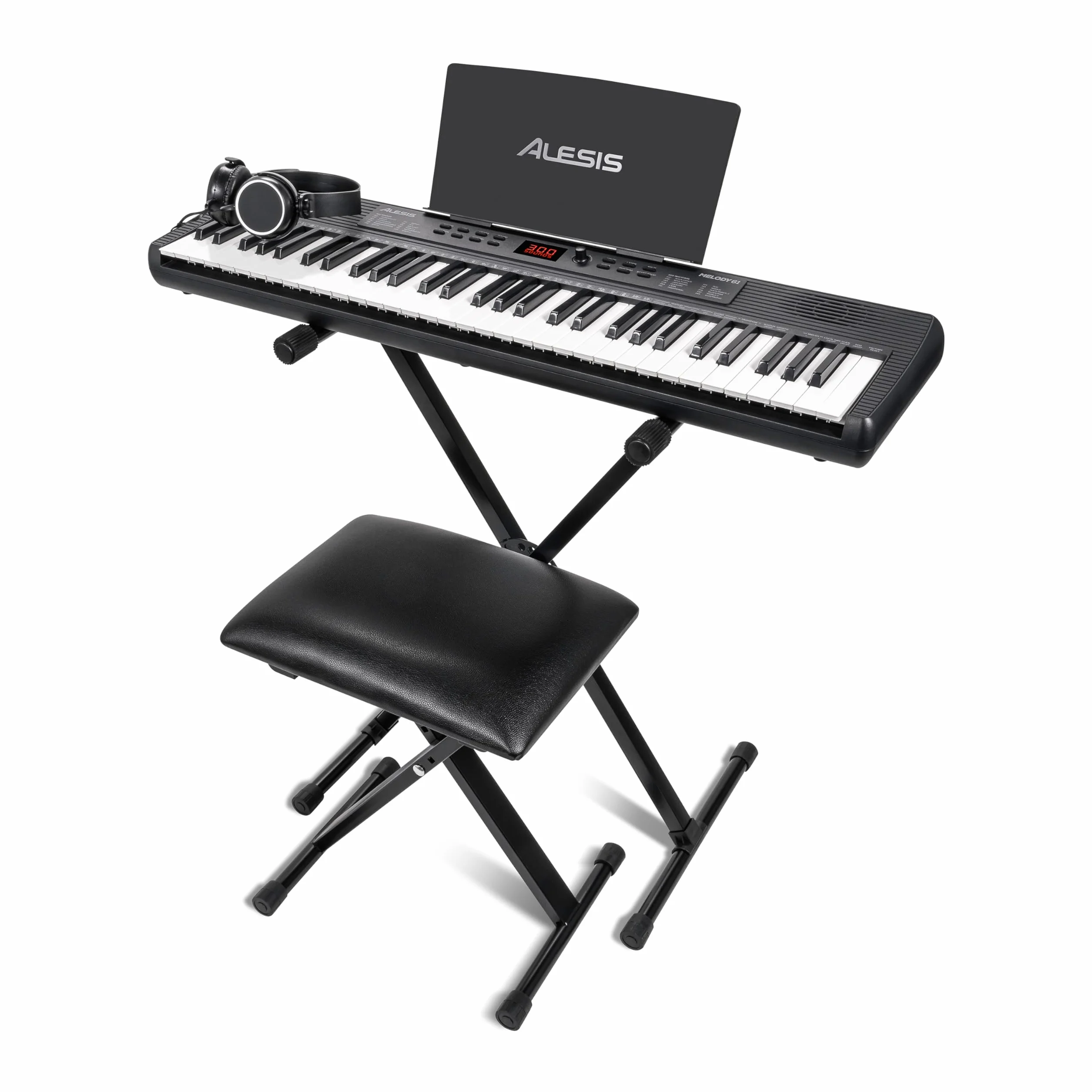 Alesis Melody 61 Piano Numérique 61 Touches pour Débutants avec Haut-Parleurs, Support, Banc, Casque, Pupitre, 300 Sons