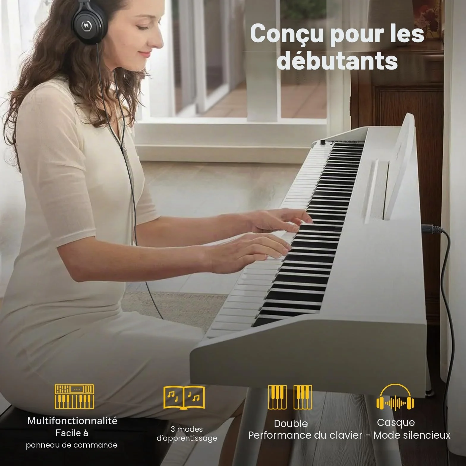 MUSTAR Piano numérique 88 touches taille complète avec 3 pédales, portable, MIDI-USB, support, blanc