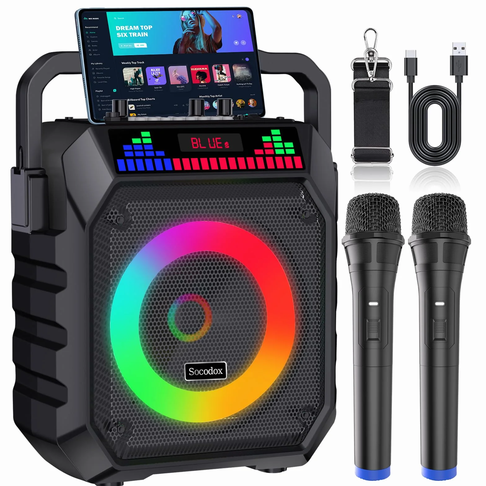 Enceinte Bluetooth Portable Karaoké avec 2 Microphones sans Fil, Lumières RGB, Système PA, USB/TF/AUX