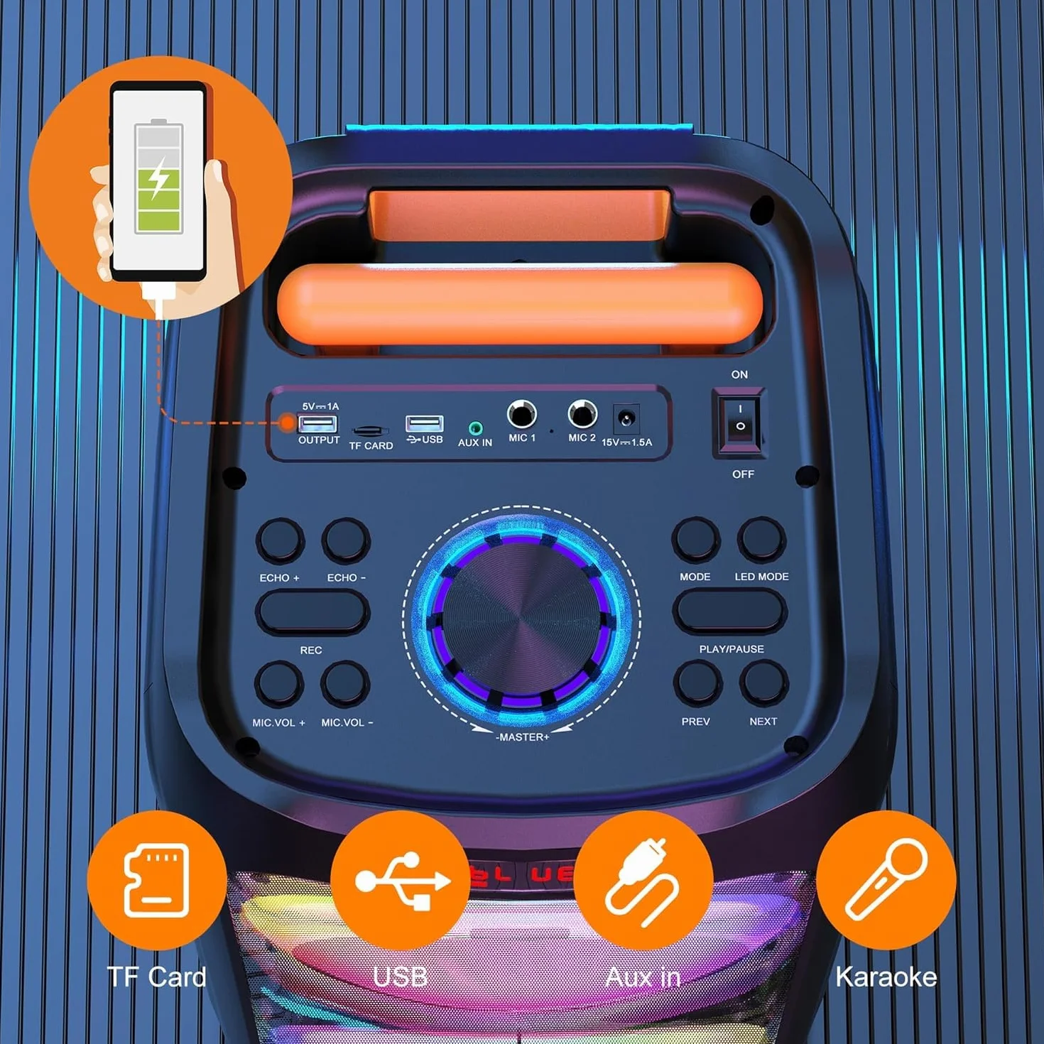 Enceinte Bluetooth 5.3 500W avec Subwoofer 8" et 2 Micros sans Fil, Système PA avec Lumières DJ pour Fêtes